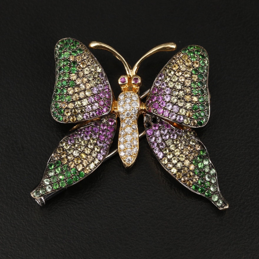 18K Yellow Gold Diamond, Ruby, Sapphire and Tsavorite Butterfly Brooch