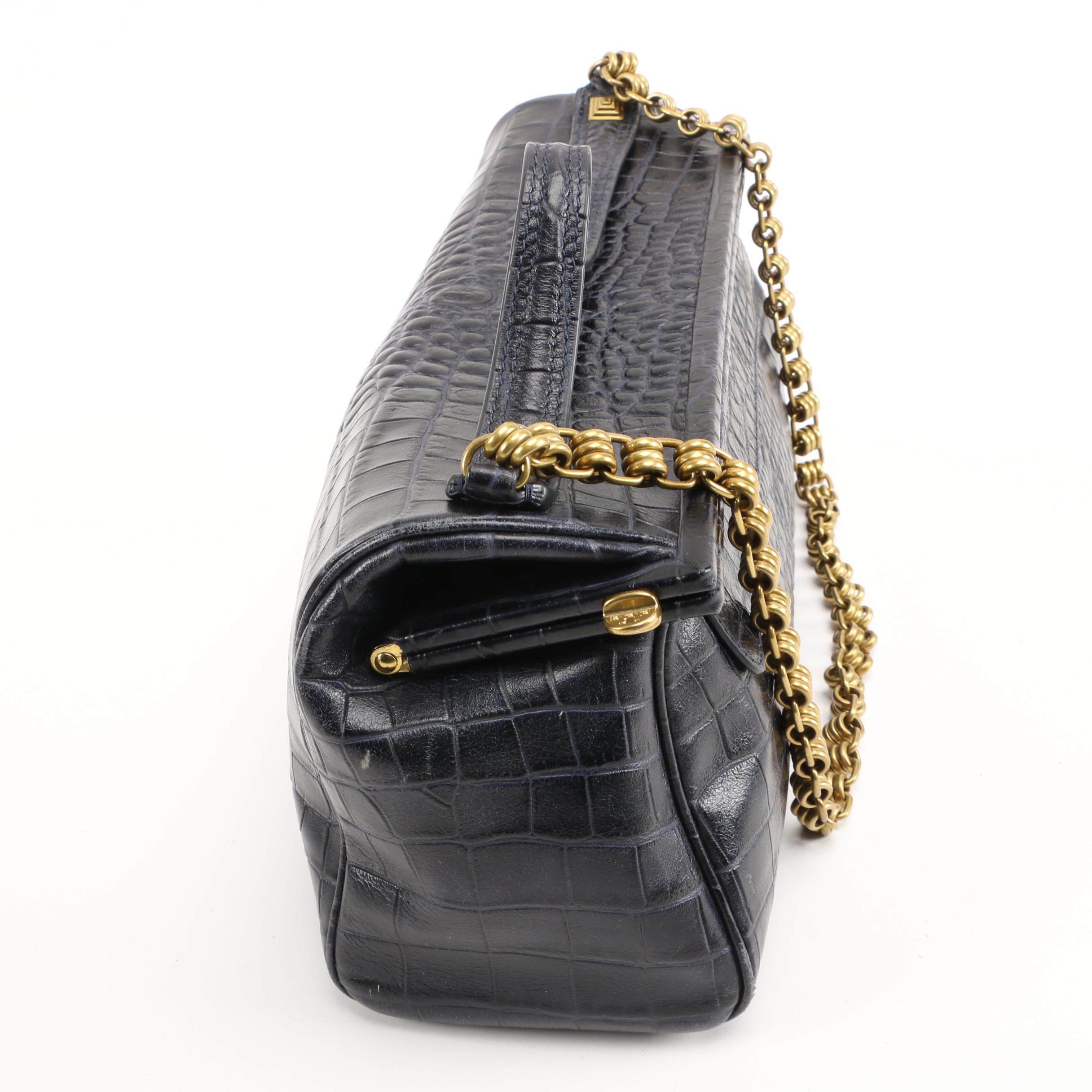 Tory Burch Deep Blue Crocodile Embossed Leather Chain Frame Bag