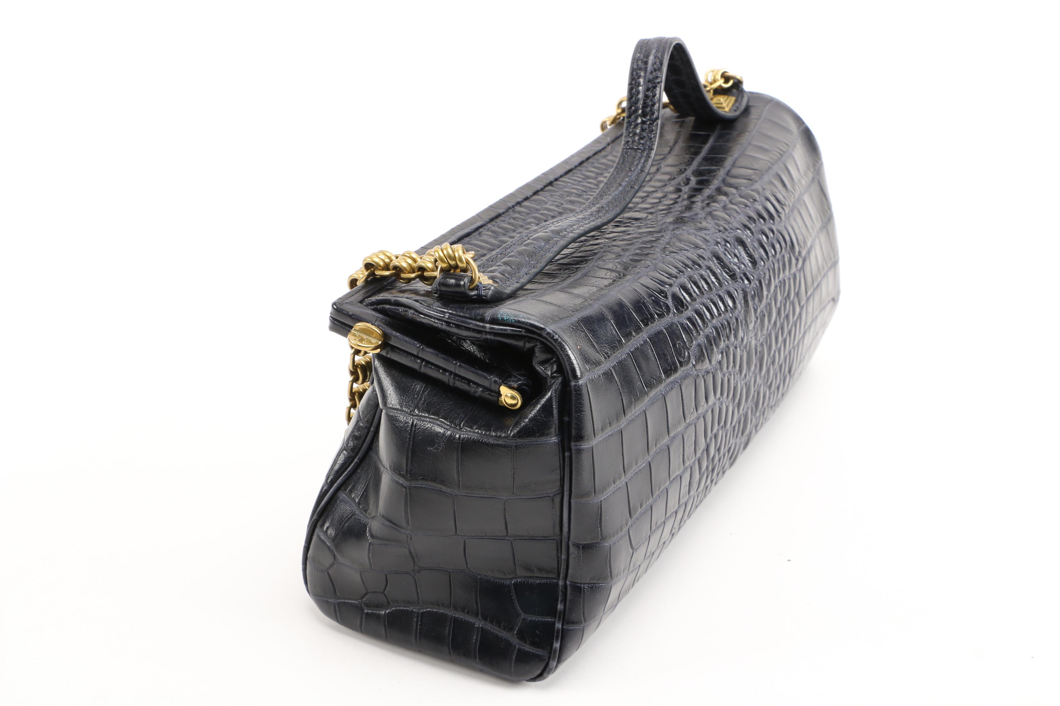 Tory Burch Deep Blue Crocodile Embossed Leather Chain Frame Bag