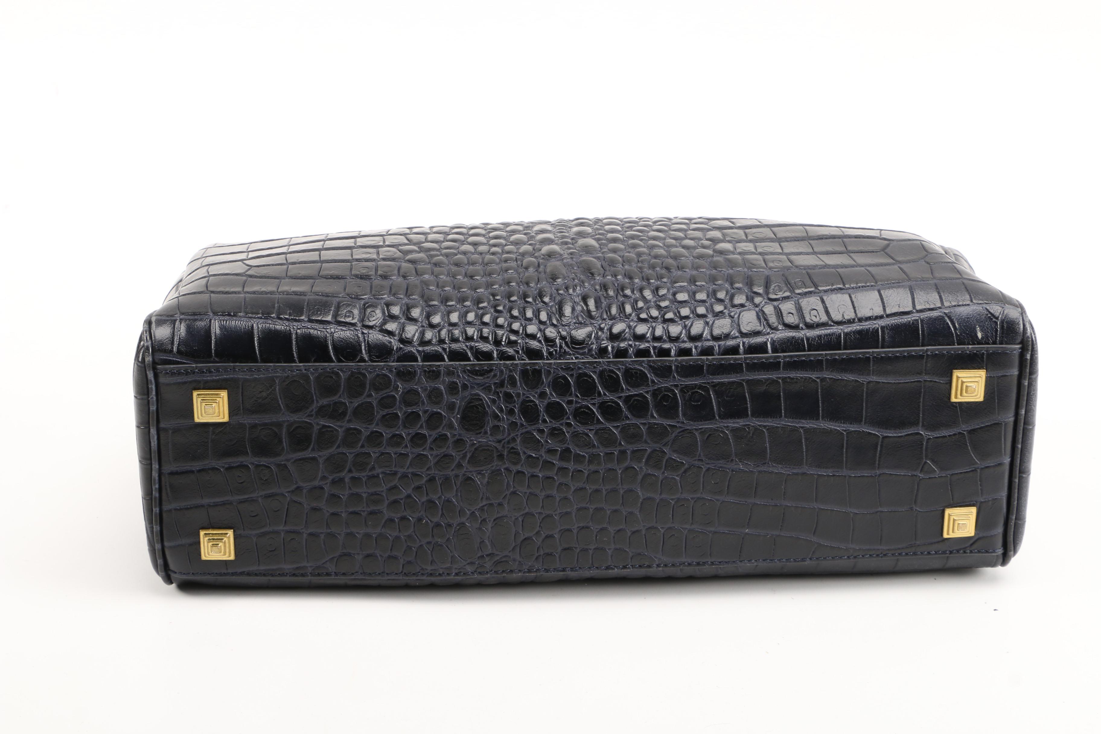 Tory Burch Deep Blue Crocodile Embossed Leather Chain Frame Bag