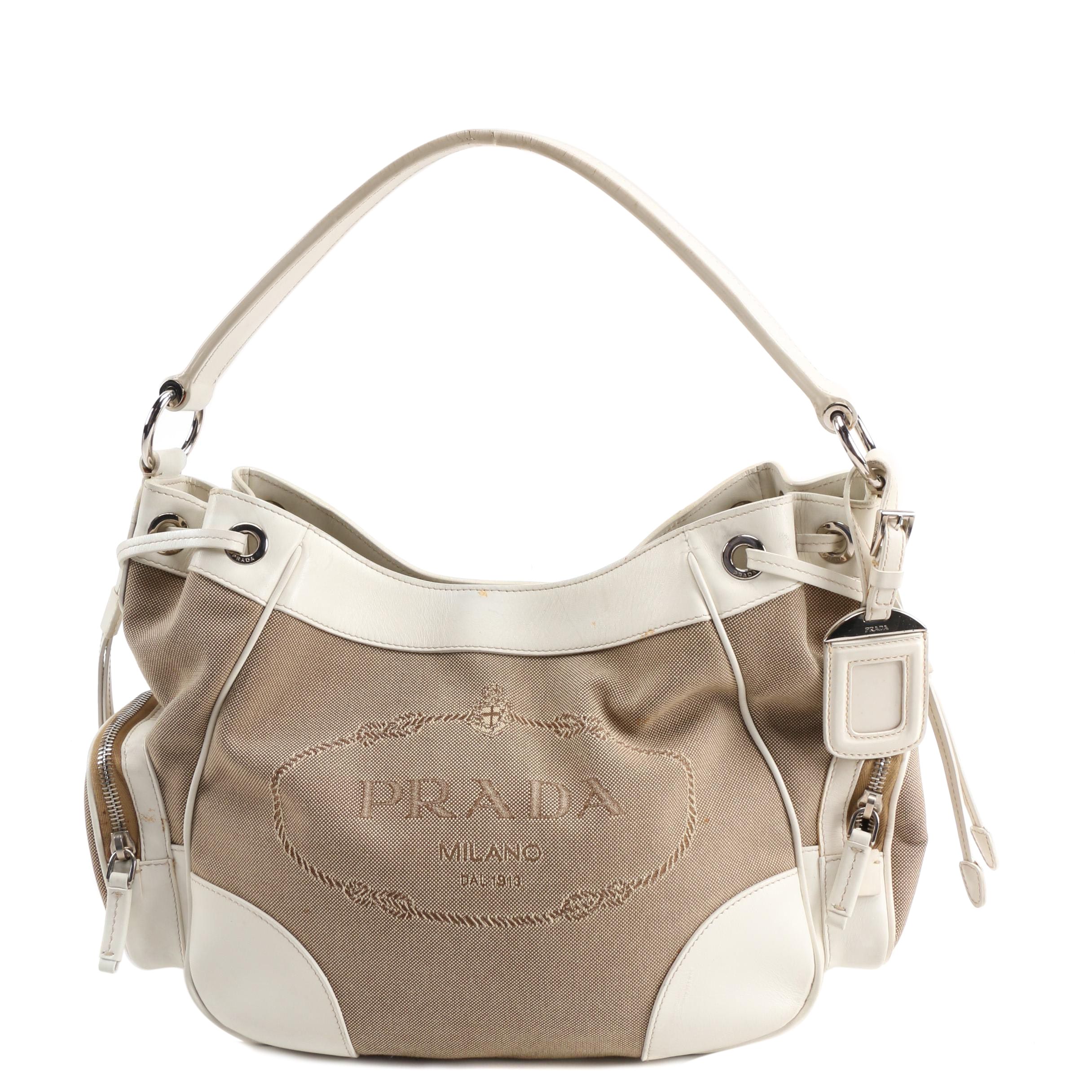 Prada Canapa Jacquard and White Leather Shoulder Bag