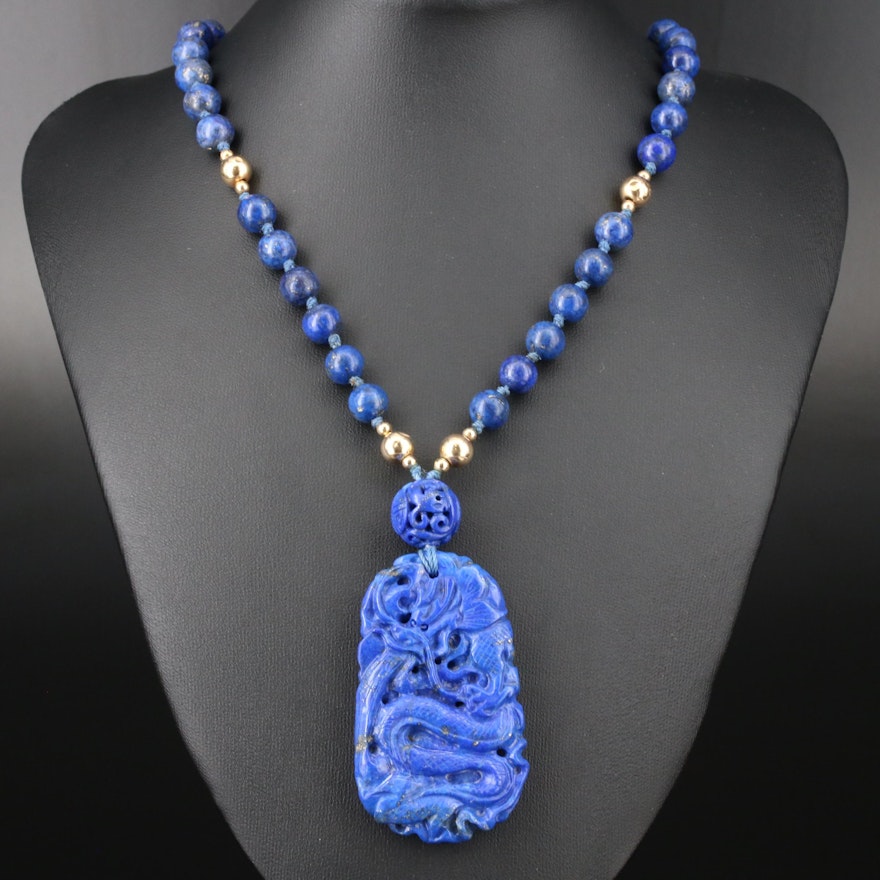 14K Yellow Gold Lapis Lazuli Carved Pendant and Knotted Bead Necklace