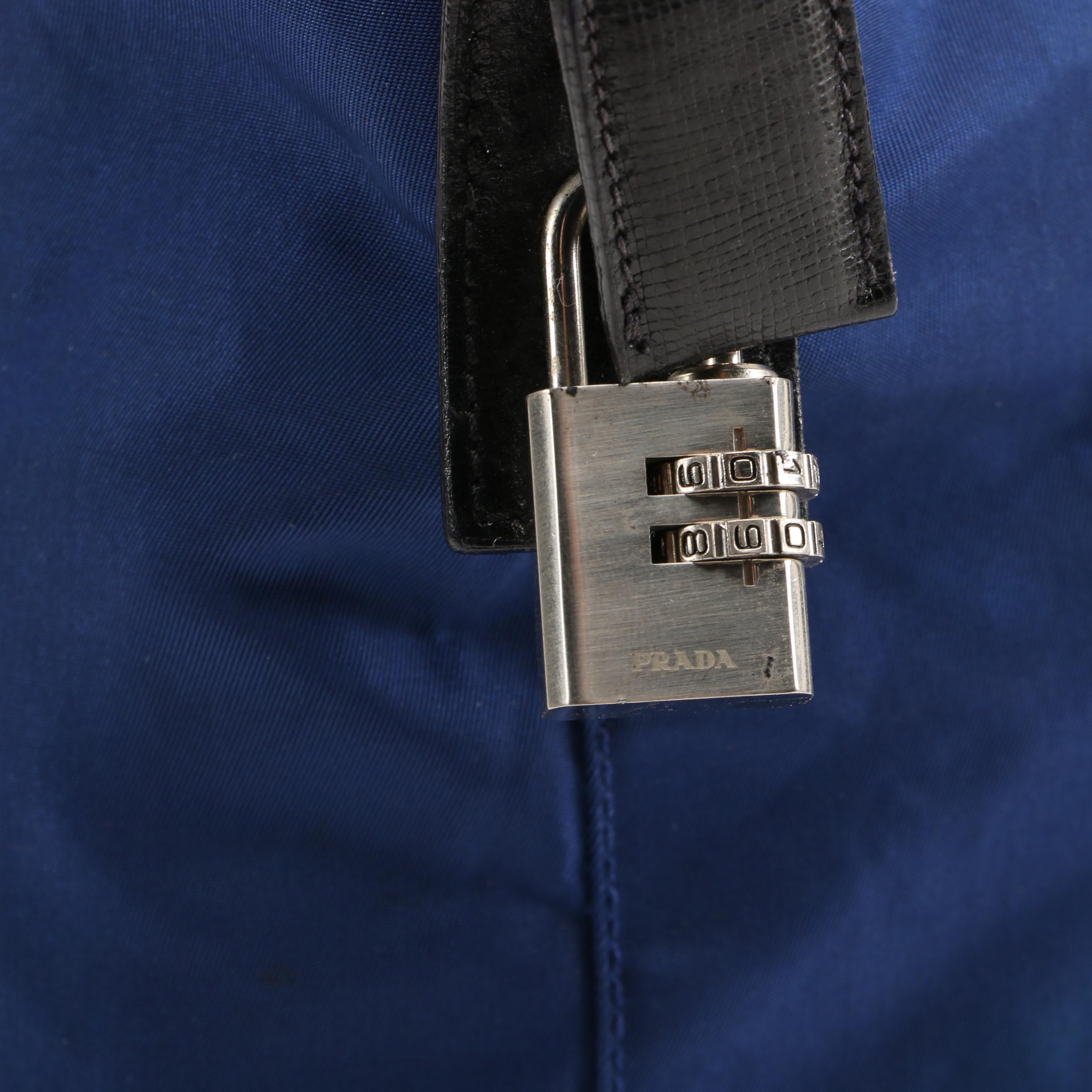 Prada Blue Tessuto Nylon Tote Trimmed in Black Leather with Combination Lock