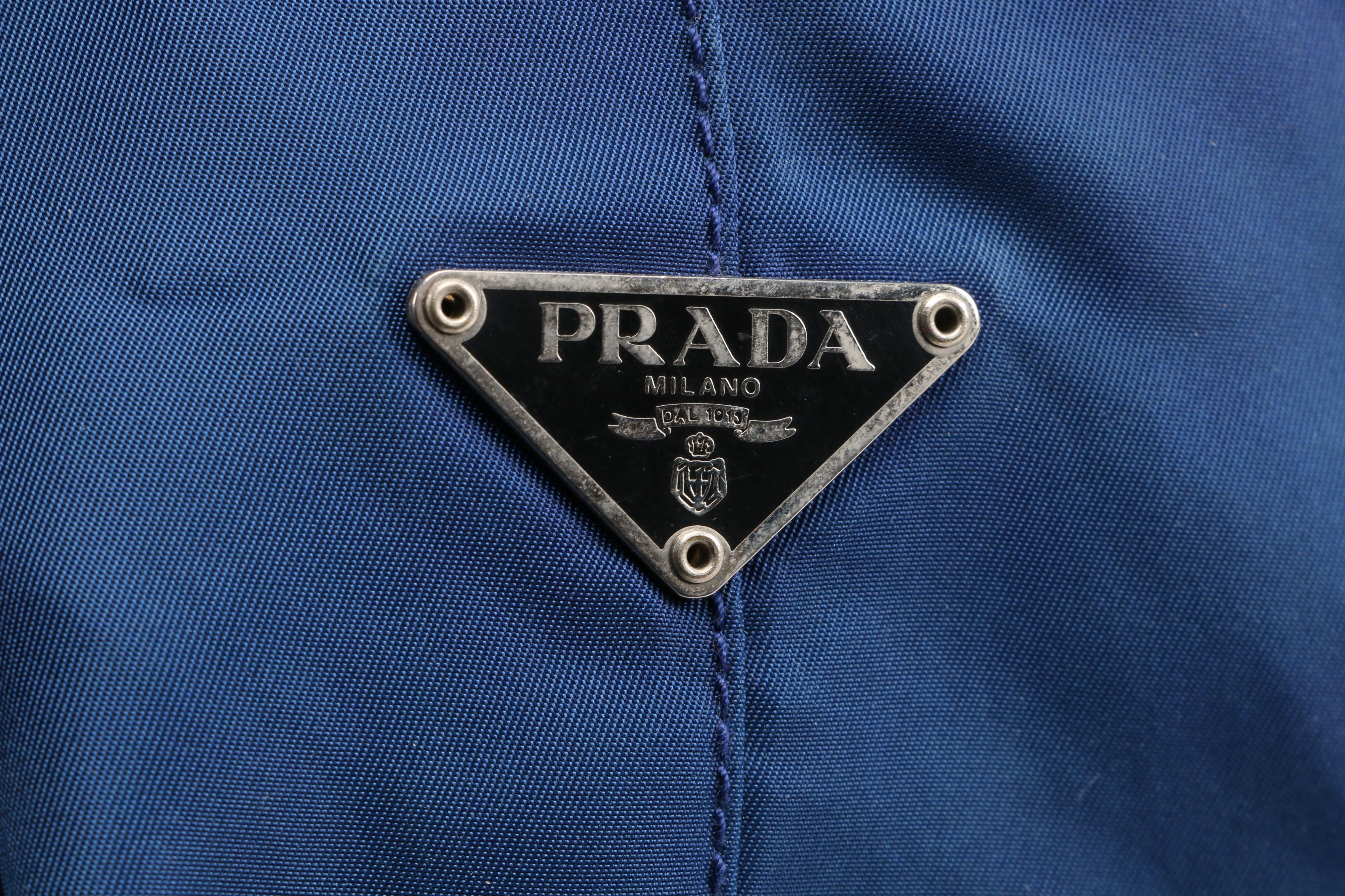 Prada Blue Tessuto Nylon Tote Trimmed in Black Leather with Combination Lock