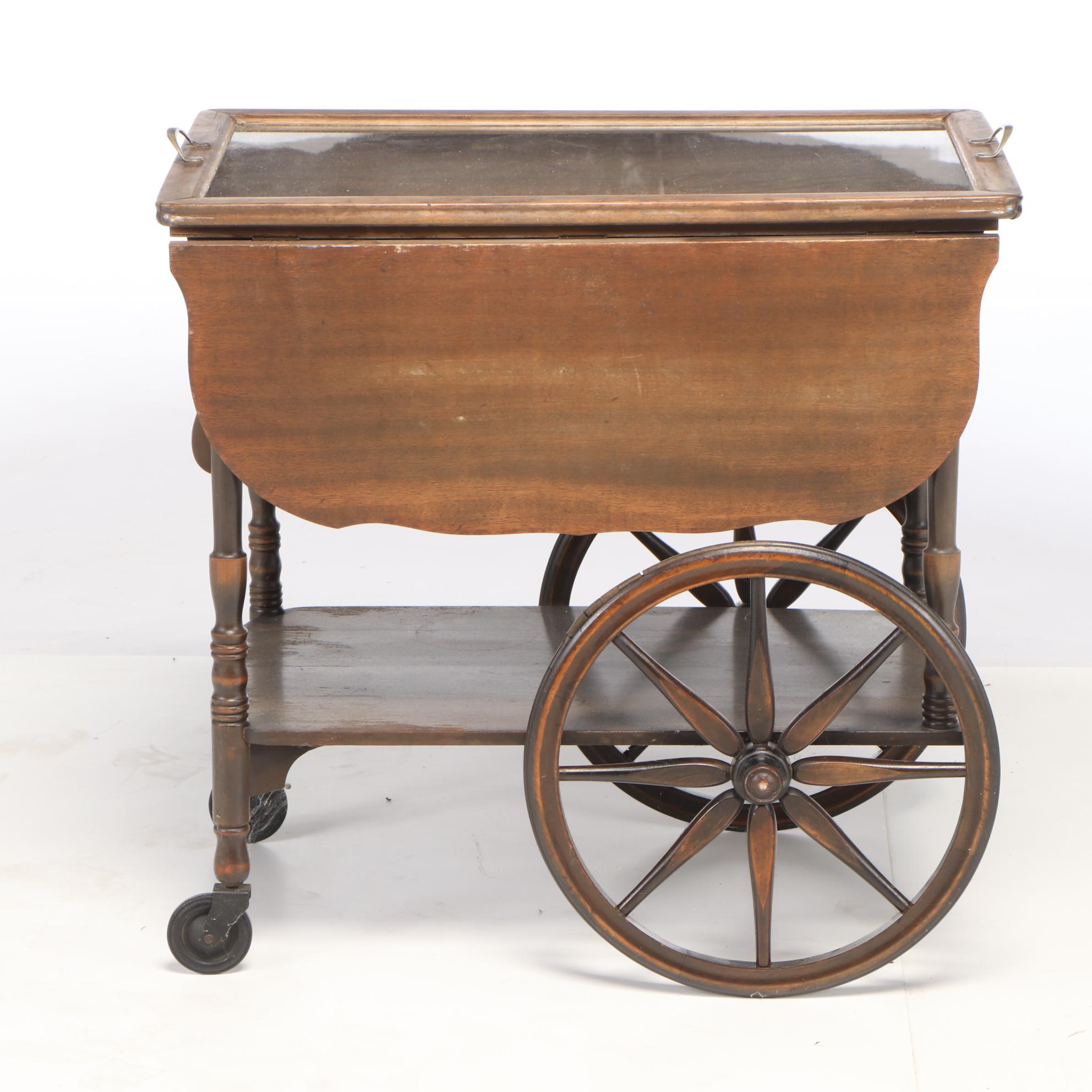 Weathered Wooden Tea Cart with Removable Tray, Mid to Late 20th C.