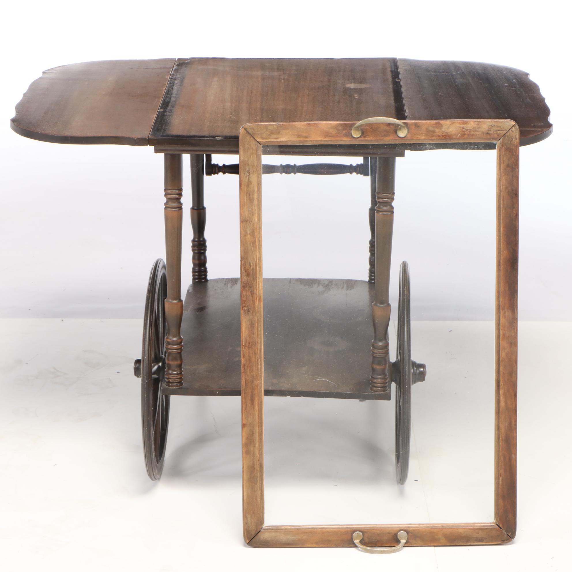 Weathered Wooden Tea Cart with Removable Tray, Mid to Late 20th C.