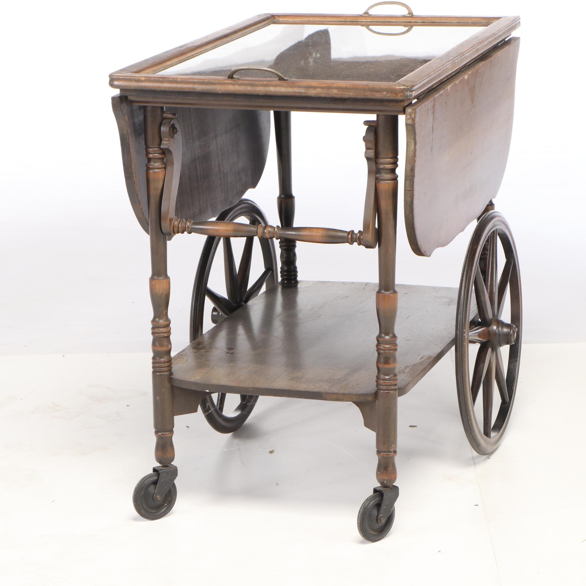 Weathered Wooden Tea Cart with Removable Tray, Mid to Late 20th C.