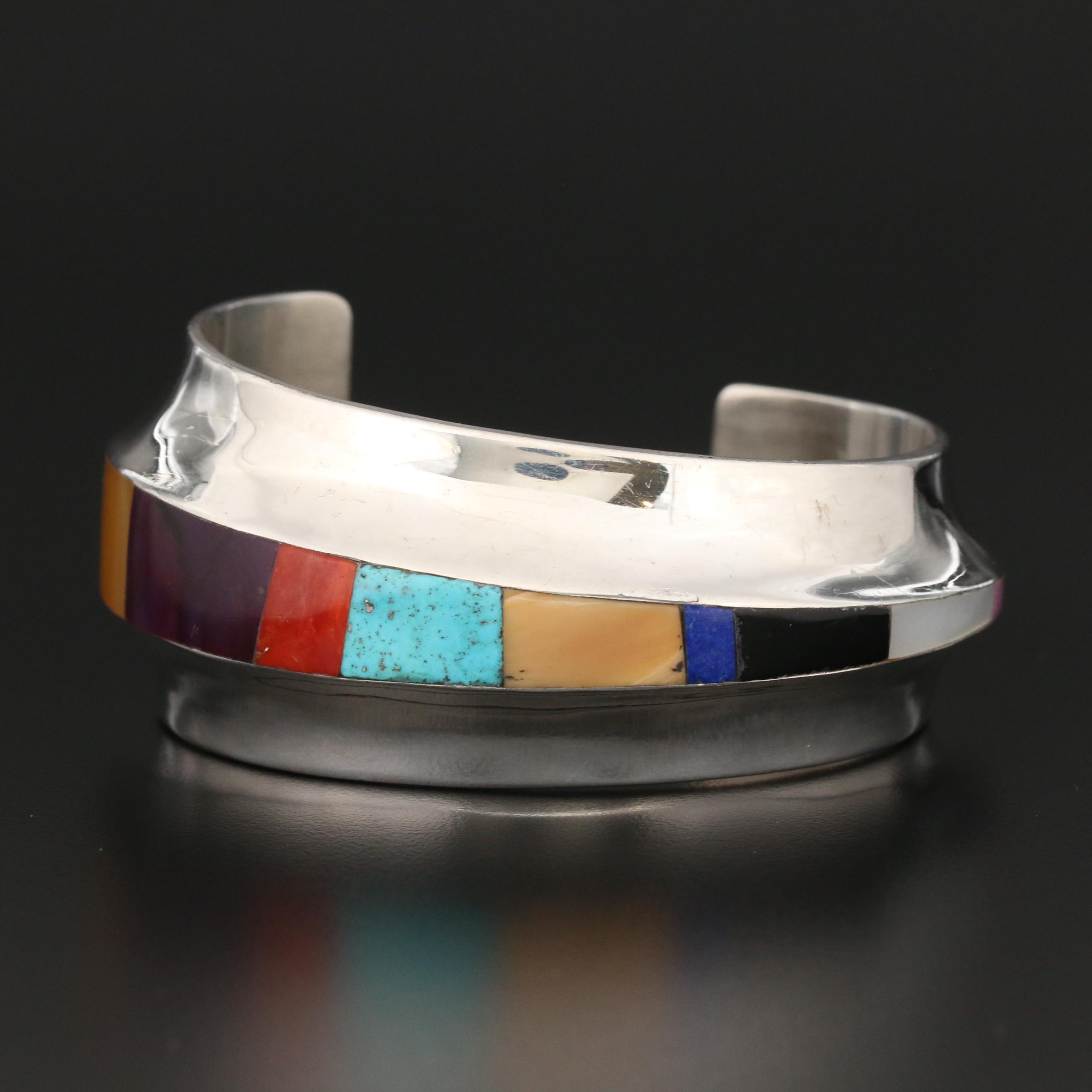 F C Laguna, Choctaw Sterling Cuff Bracelet with Lapis Lazuli, Turquoise and More