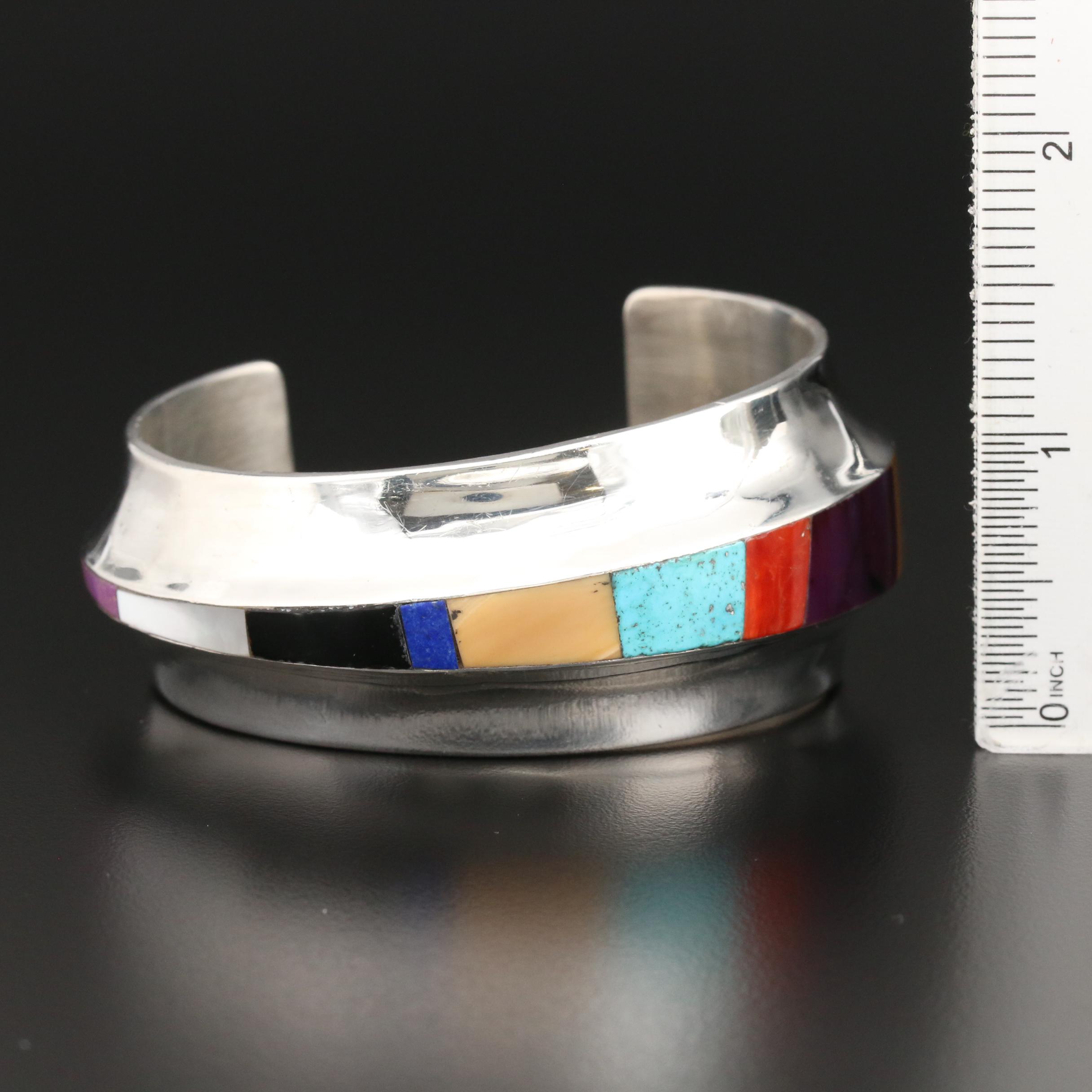 F C Laguna, Choctaw Sterling Cuff Bracelet with Lapis Lazuli, Turquoise and More