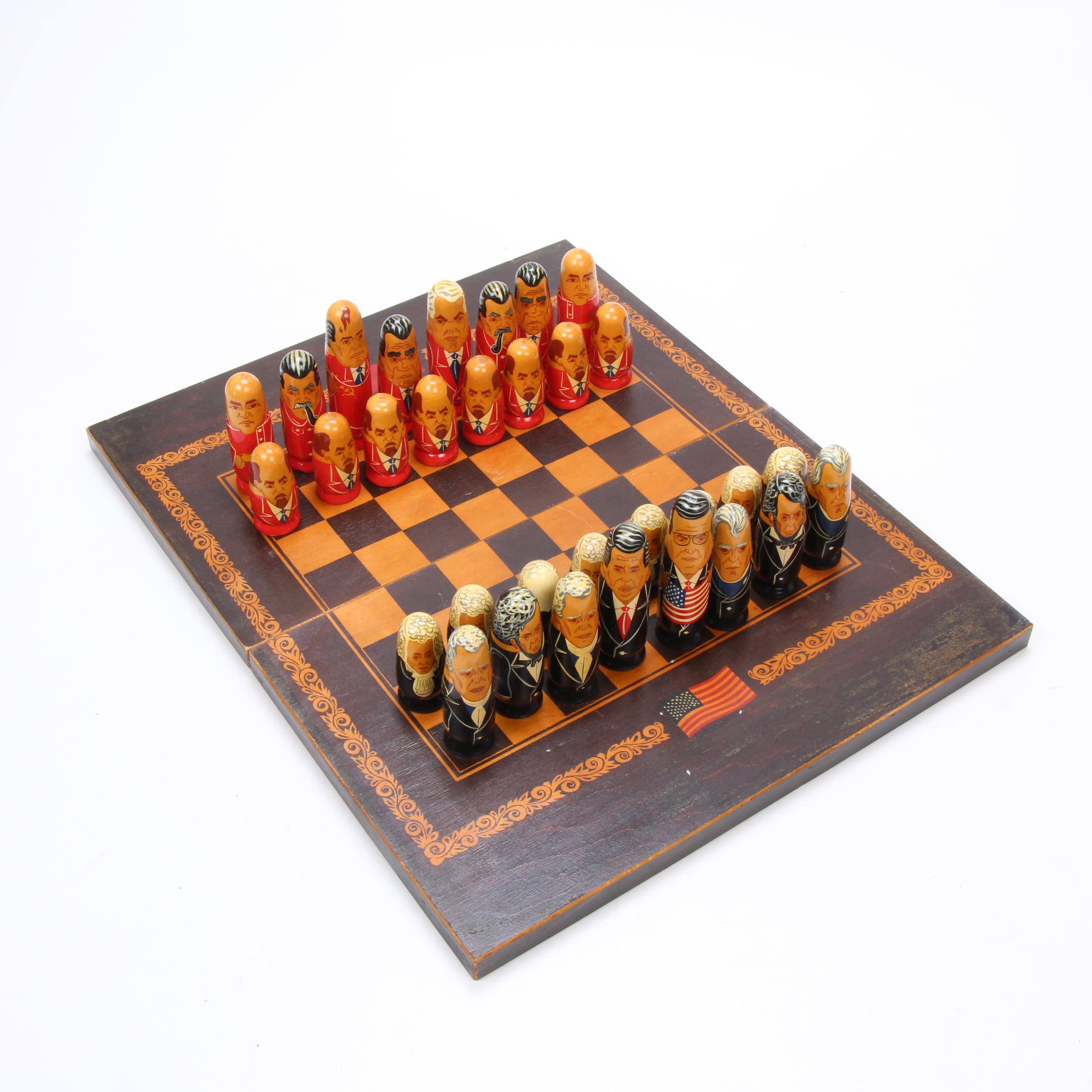 Russian Federation Leader Caricature Chess Set and Nesting Dolls