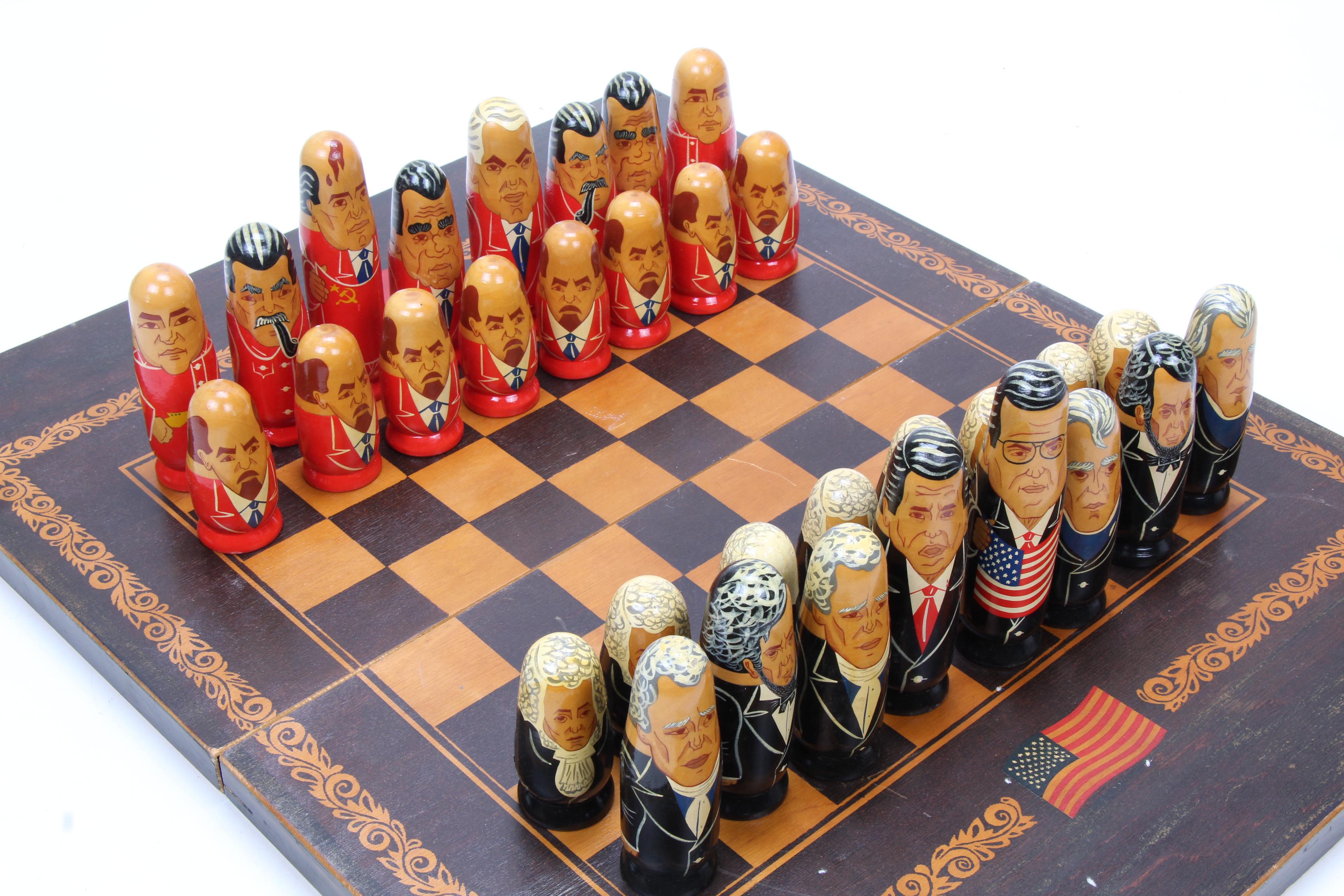 Russian Federation Leader Caricature Chess Set and Nesting Dolls
