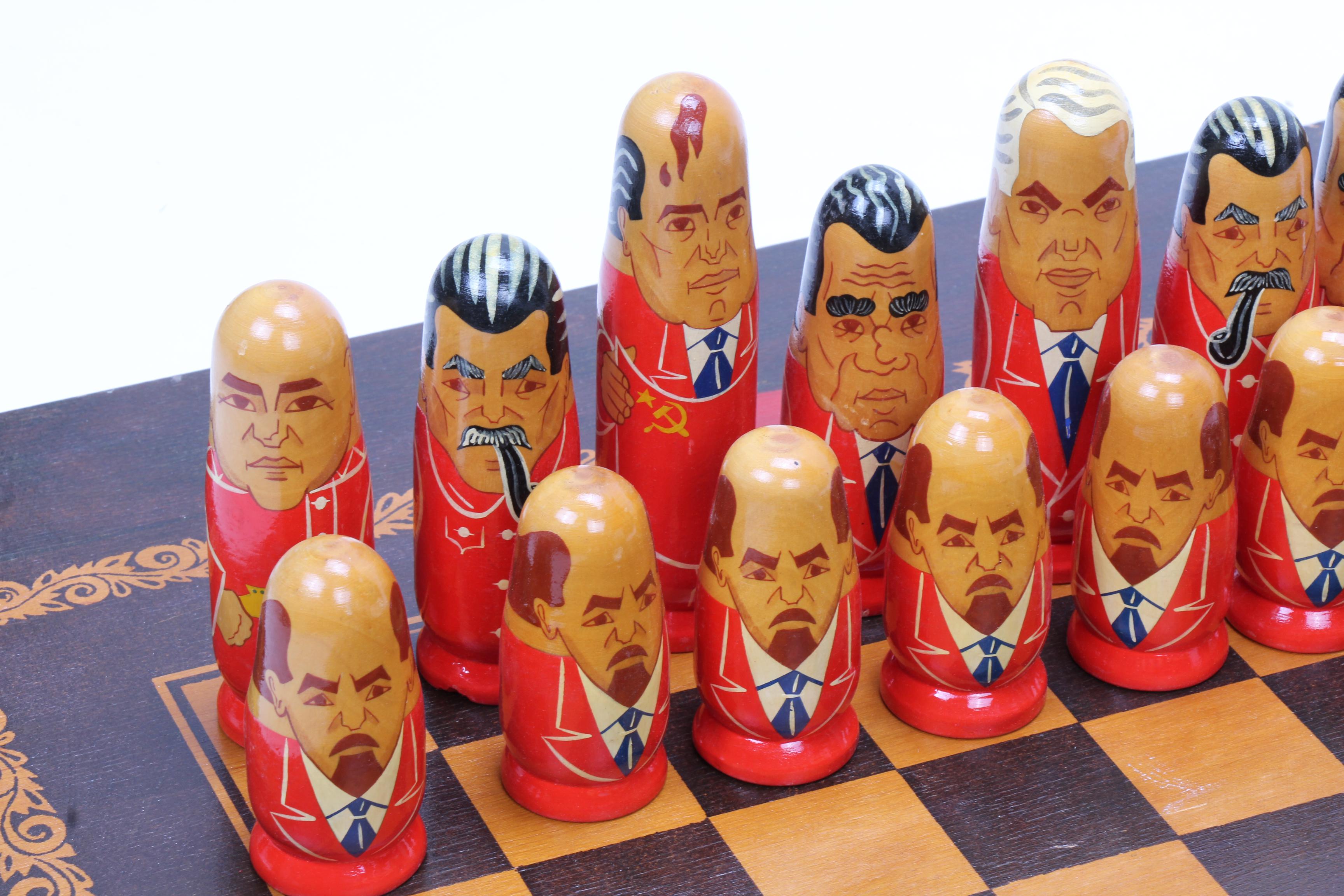 Russian Federation Leader Caricature Chess Set and Nesting Dolls