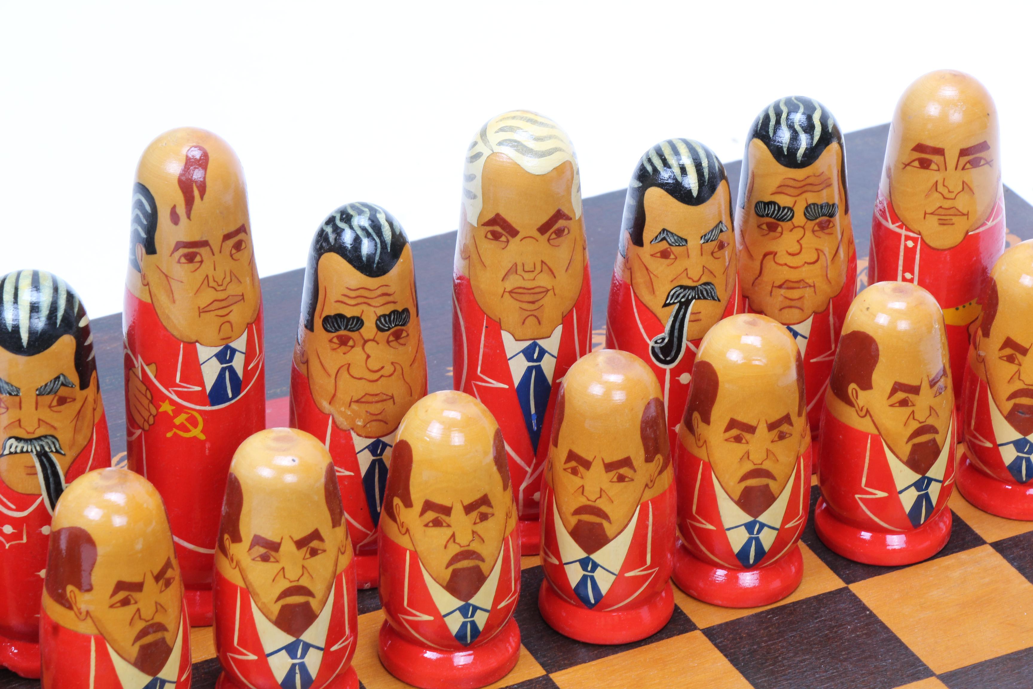 Russian Federation Leader Caricature Chess Set and Nesting Dolls