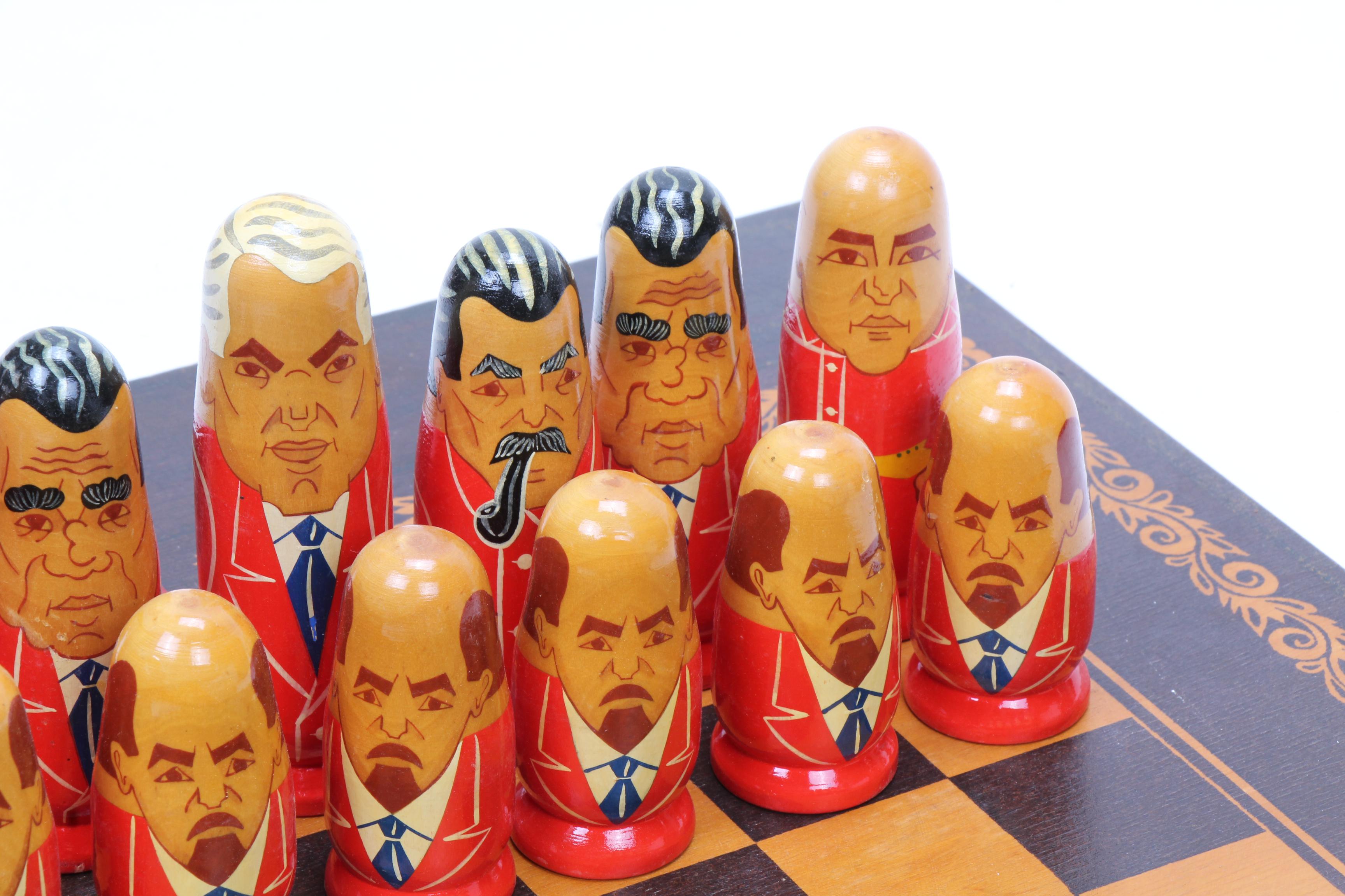 Russian Federation Leader Caricature Chess Set and Nesting Dolls
