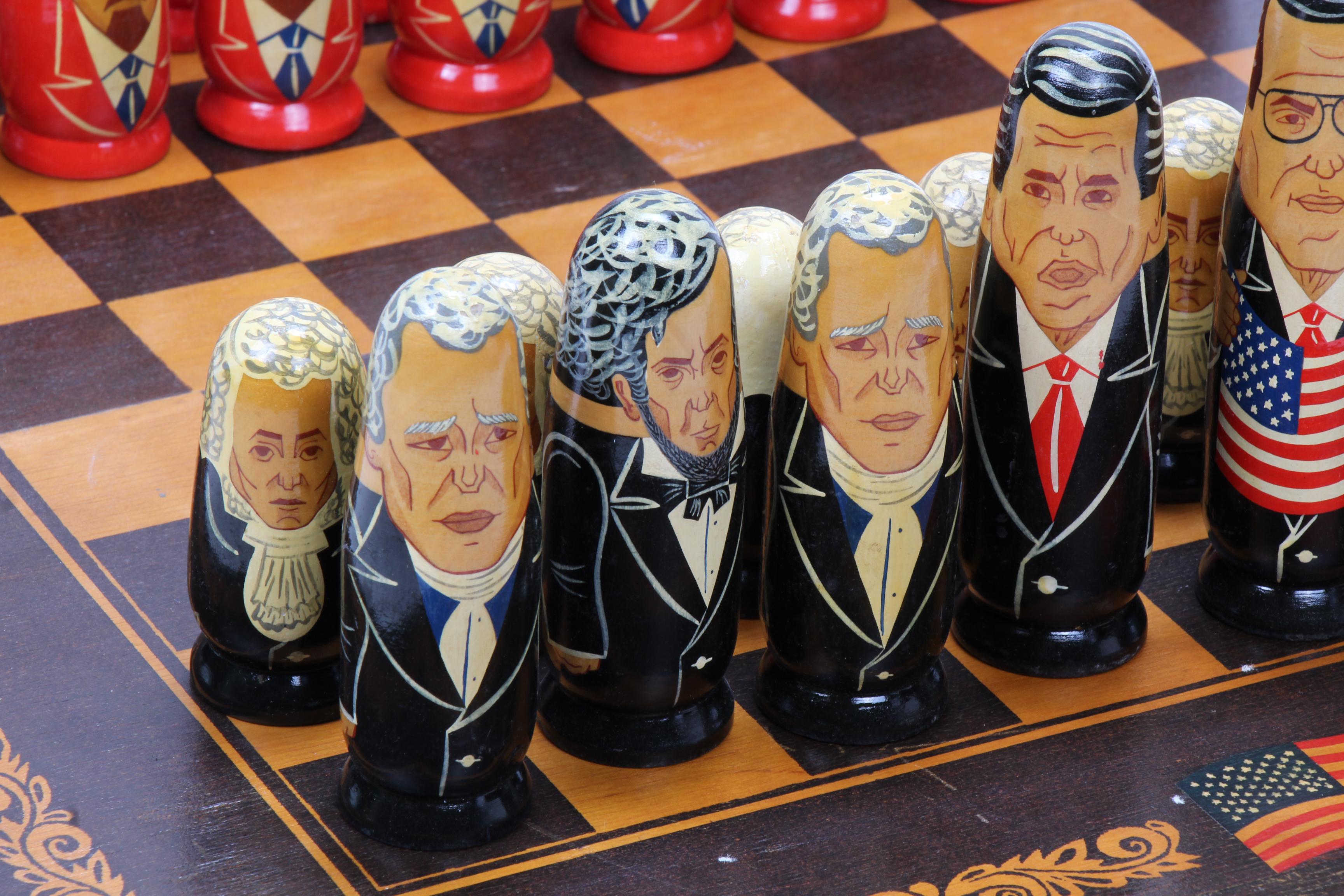 Russian Federation Leader Caricature Chess Set and Nesting Dolls