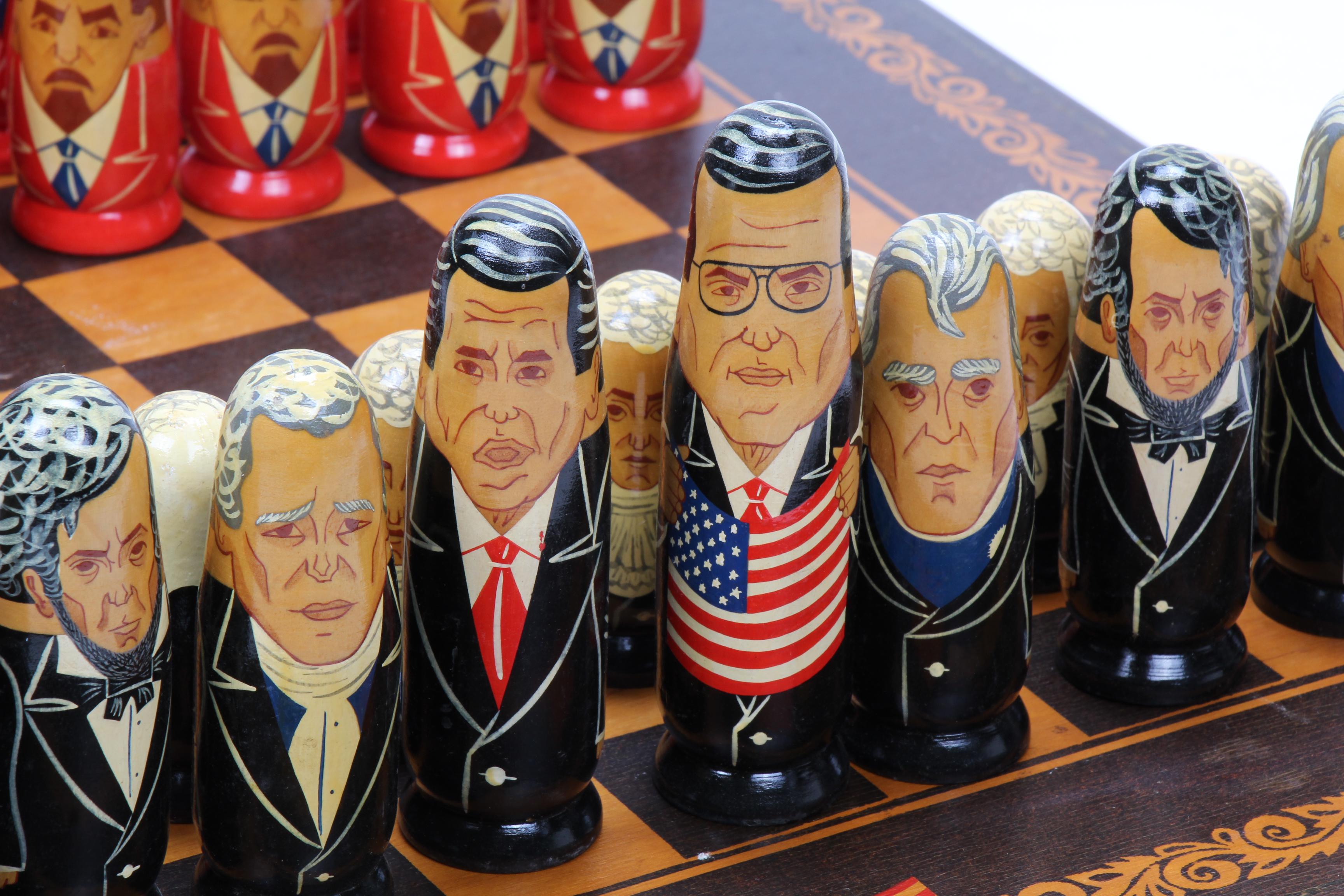 Russian Federation Leader Caricature Chess Set and Nesting Dolls