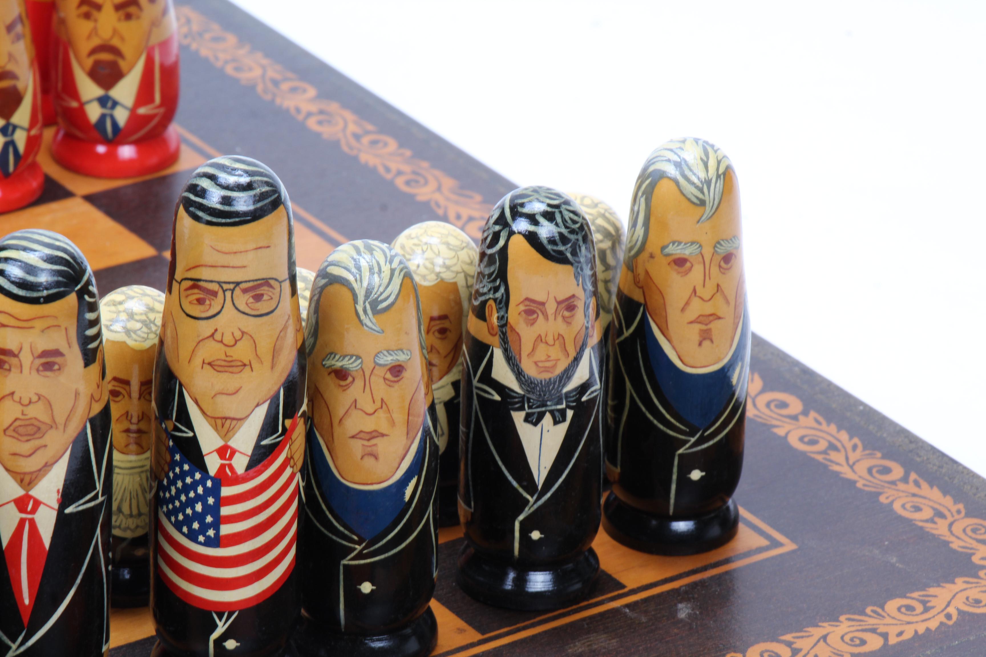 Russian Federation Leader Caricature Chess Set and Nesting Dolls