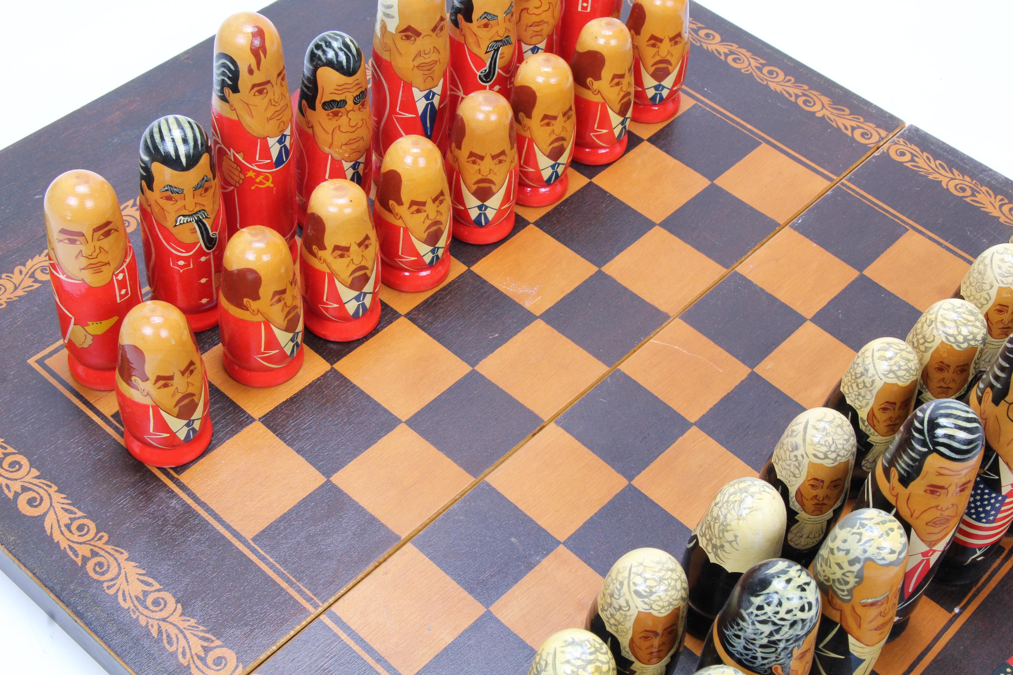 Russian Federation Leader Caricature Chess Set and Nesting Dolls