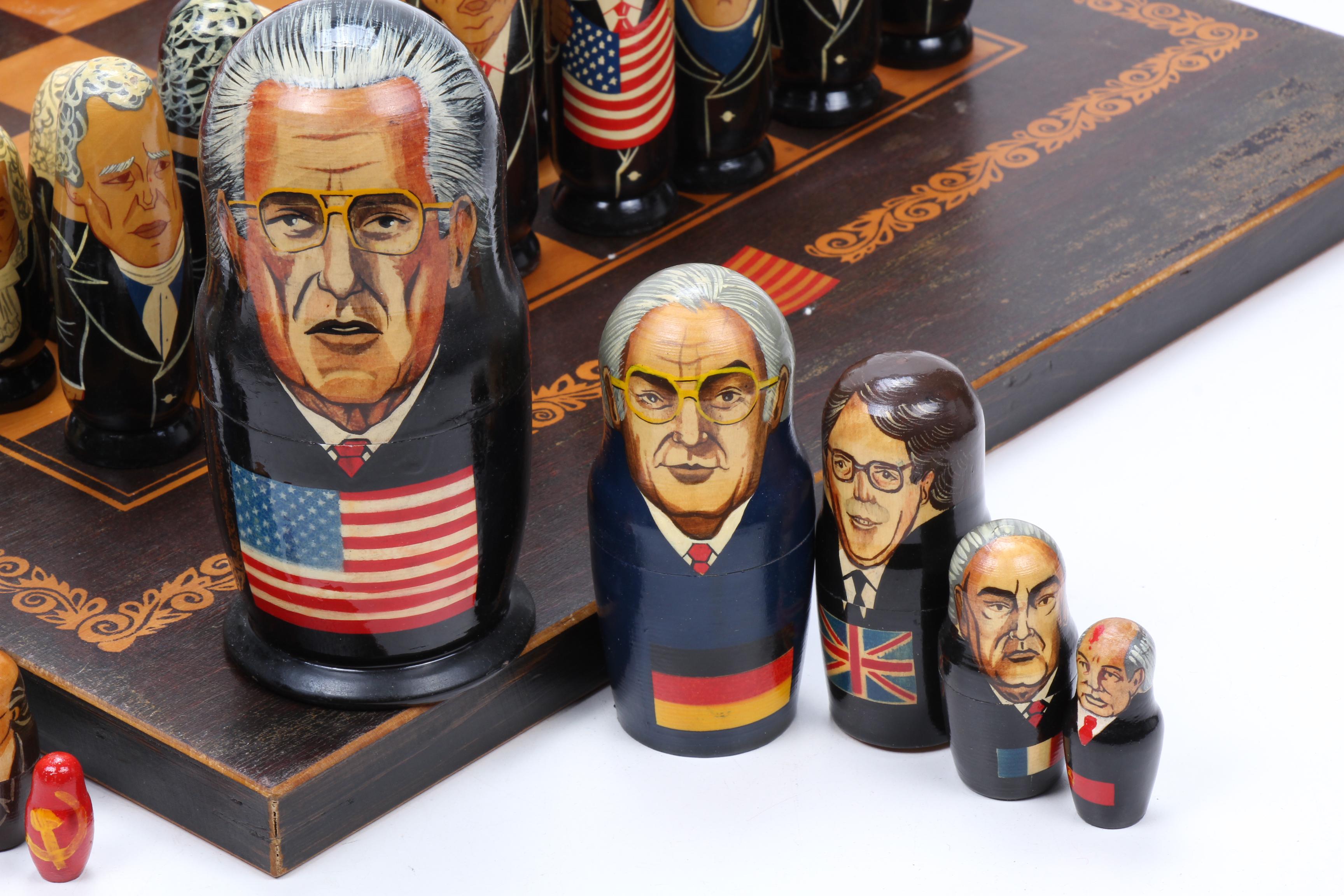 Russian Federation Leader Caricature Chess Set and Nesting Dolls