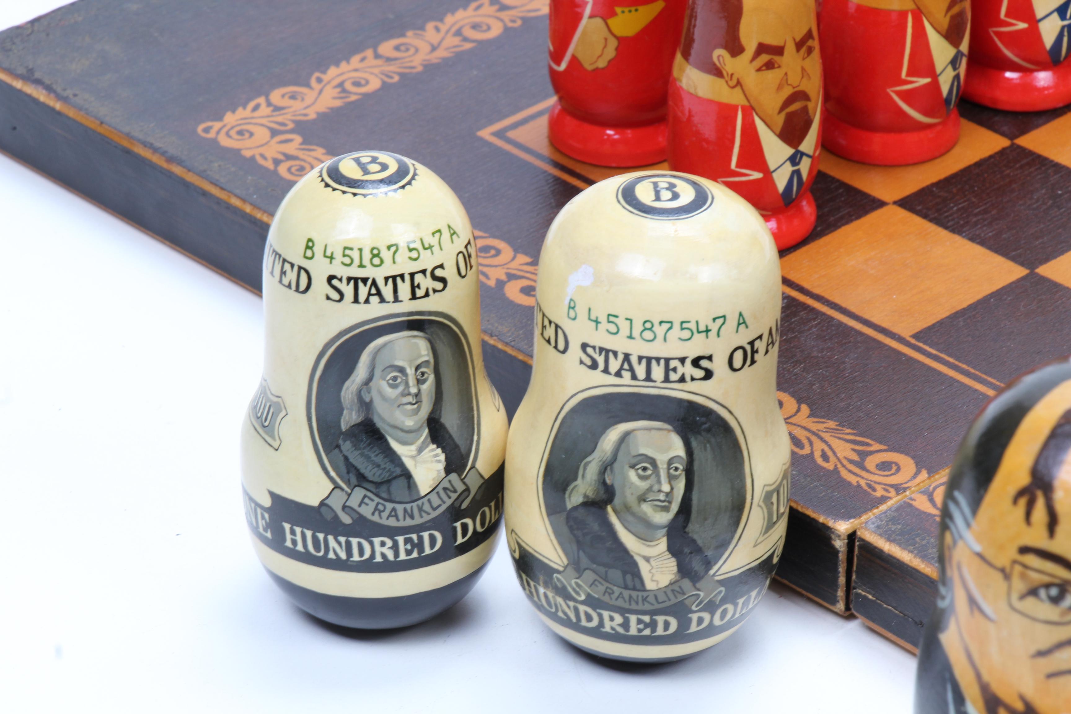 Russian Federation Leader Caricature Chess Set and Nesting Dolls
