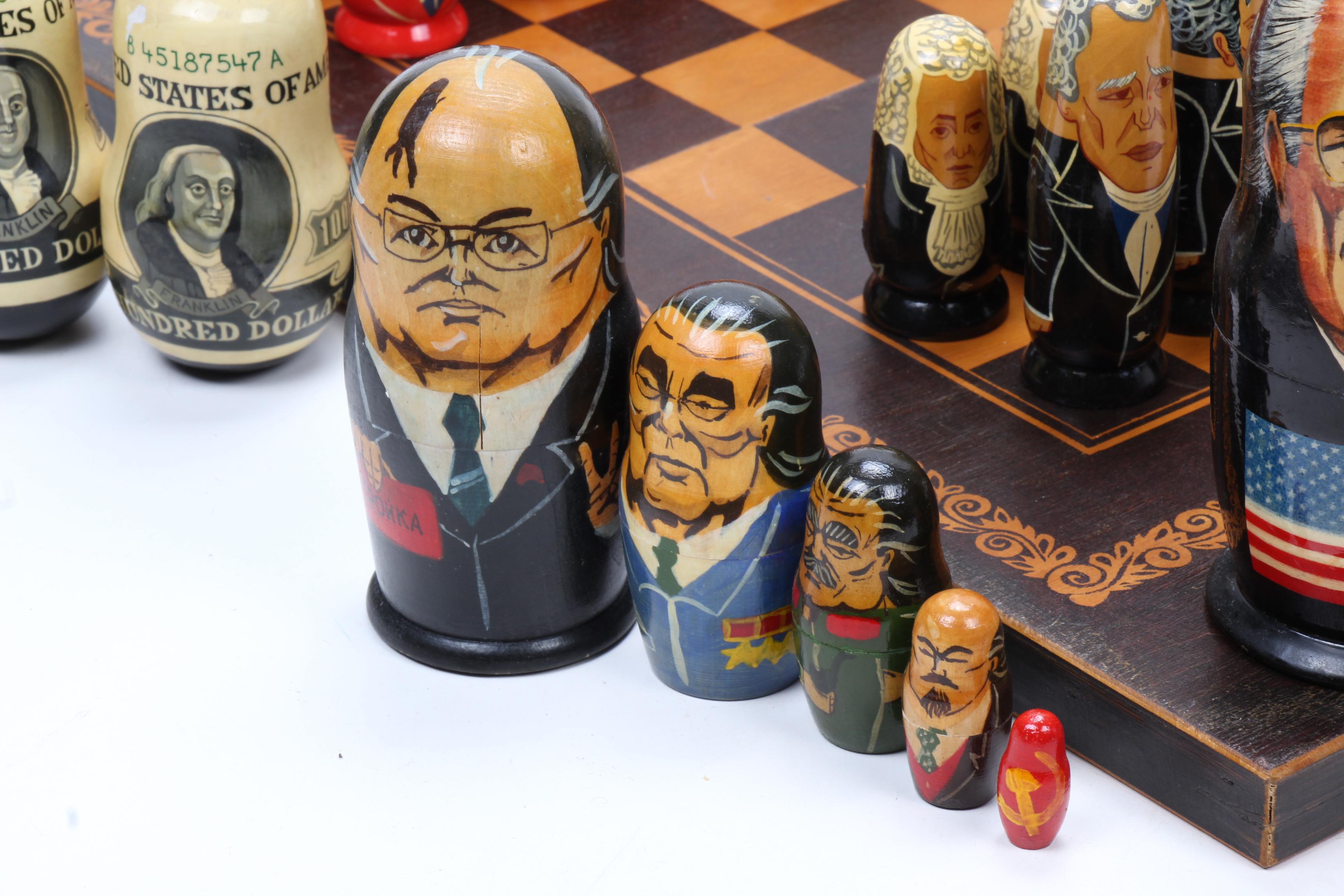 Russian Federation Leader Caricature Chess Set and Nesting Dolls