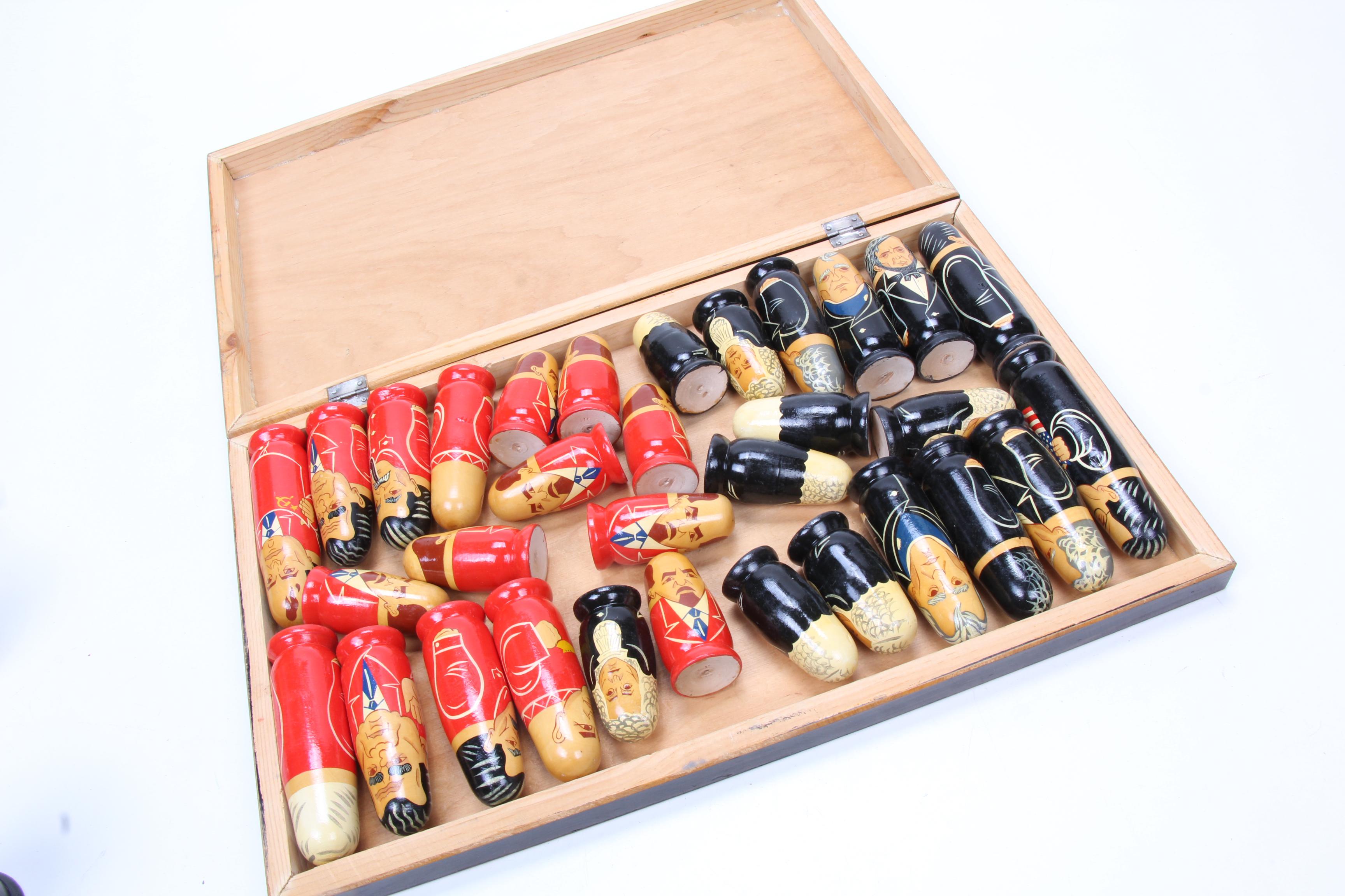 Russian Federation Leader Caricature Chess Set and Nesting Dolls