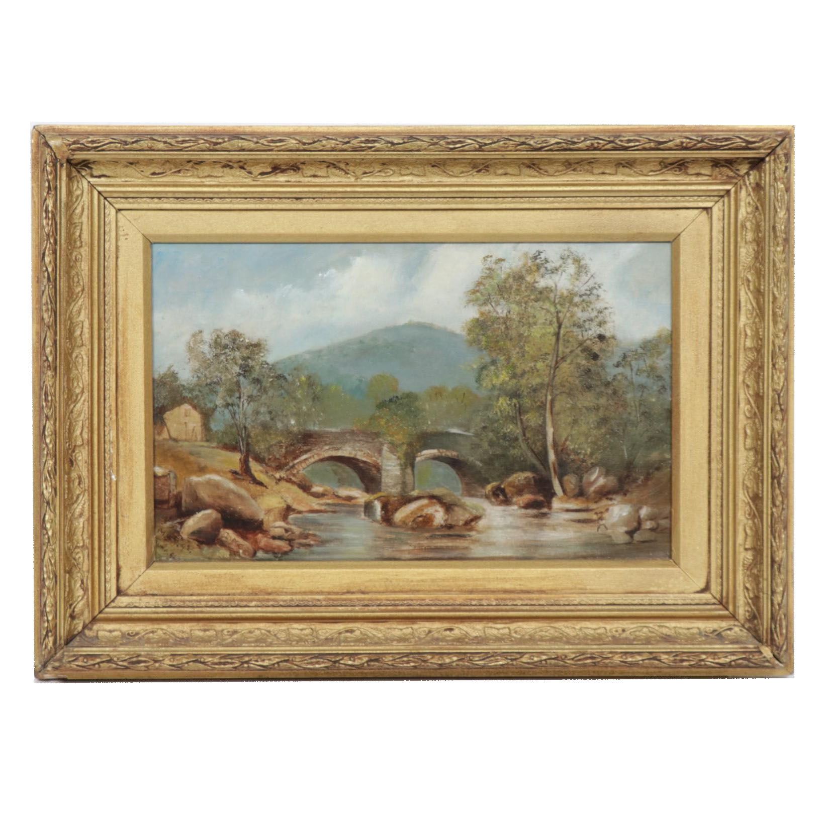 River Bridge Landscape Oil Painting, Late 19th Century