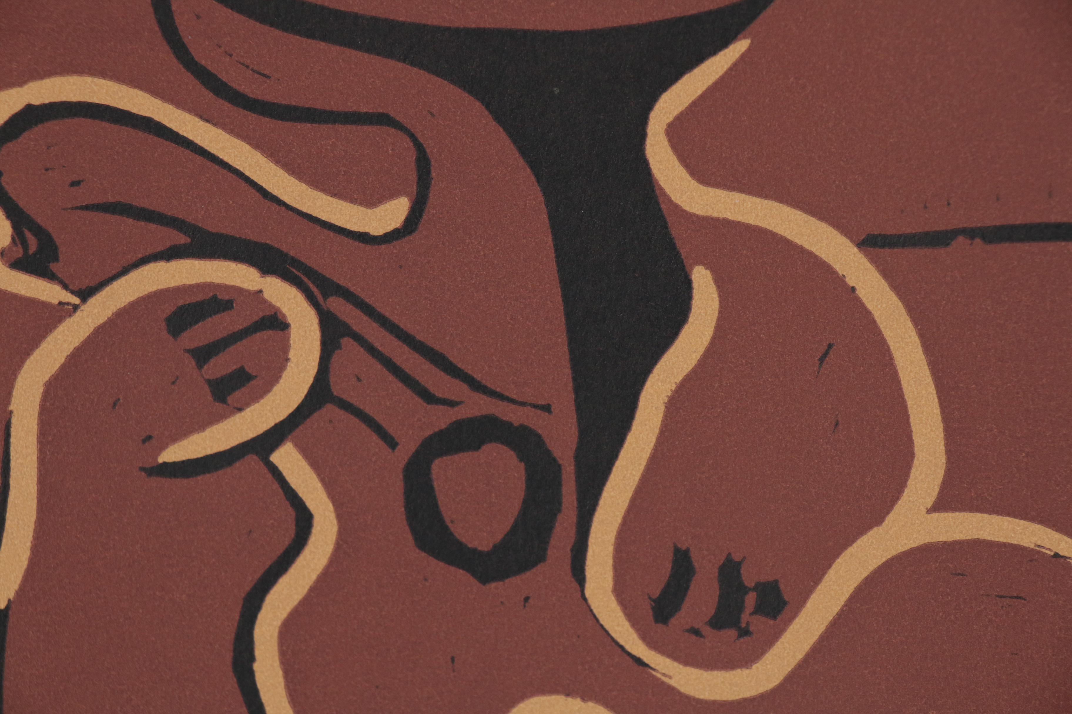 Pablo Picasso Linoleum Cut "Guitar Player and Seated Woman", 1962