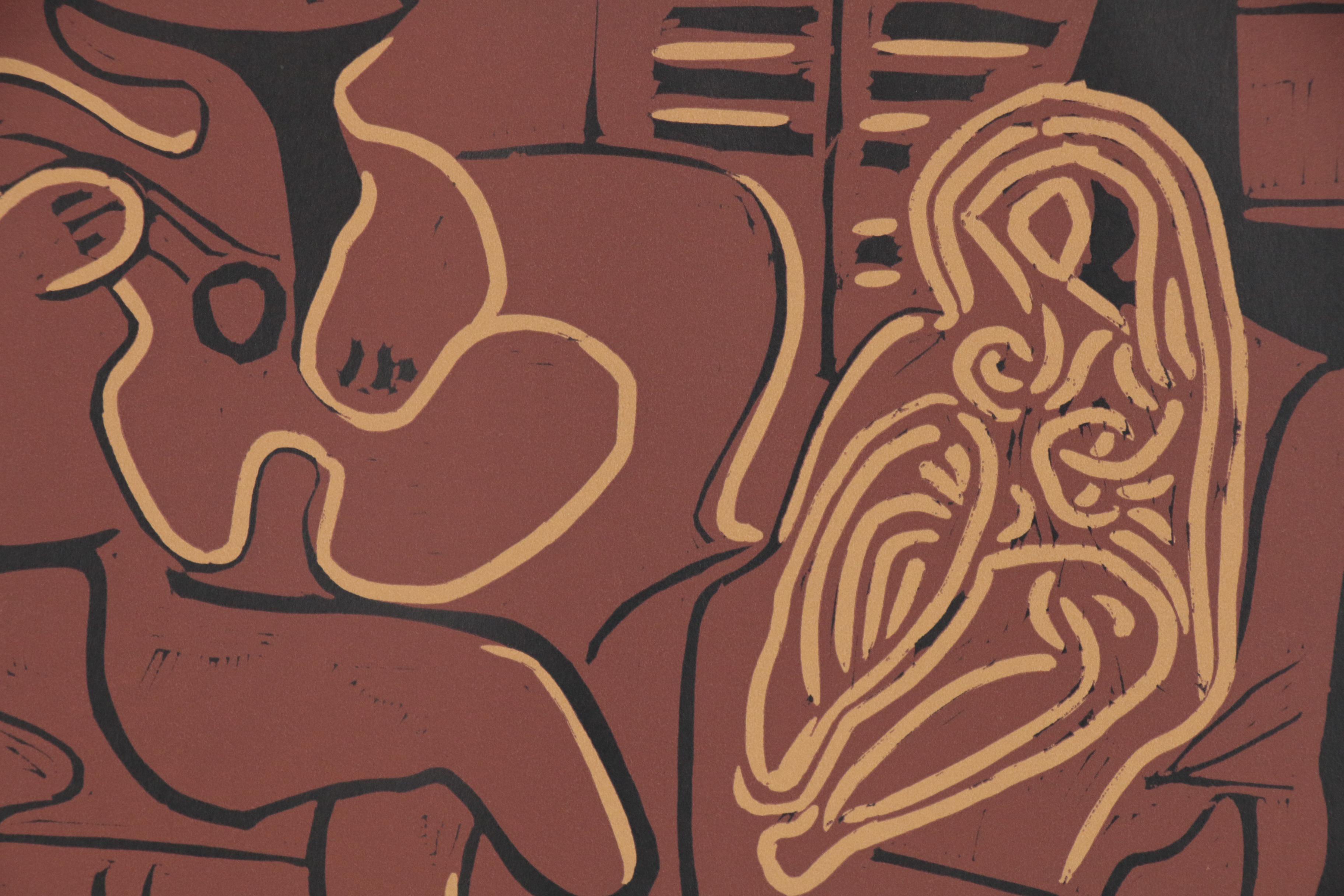 Pablo Picasso Linoleum Cut "Guitar Player and Seated Woman", 1962