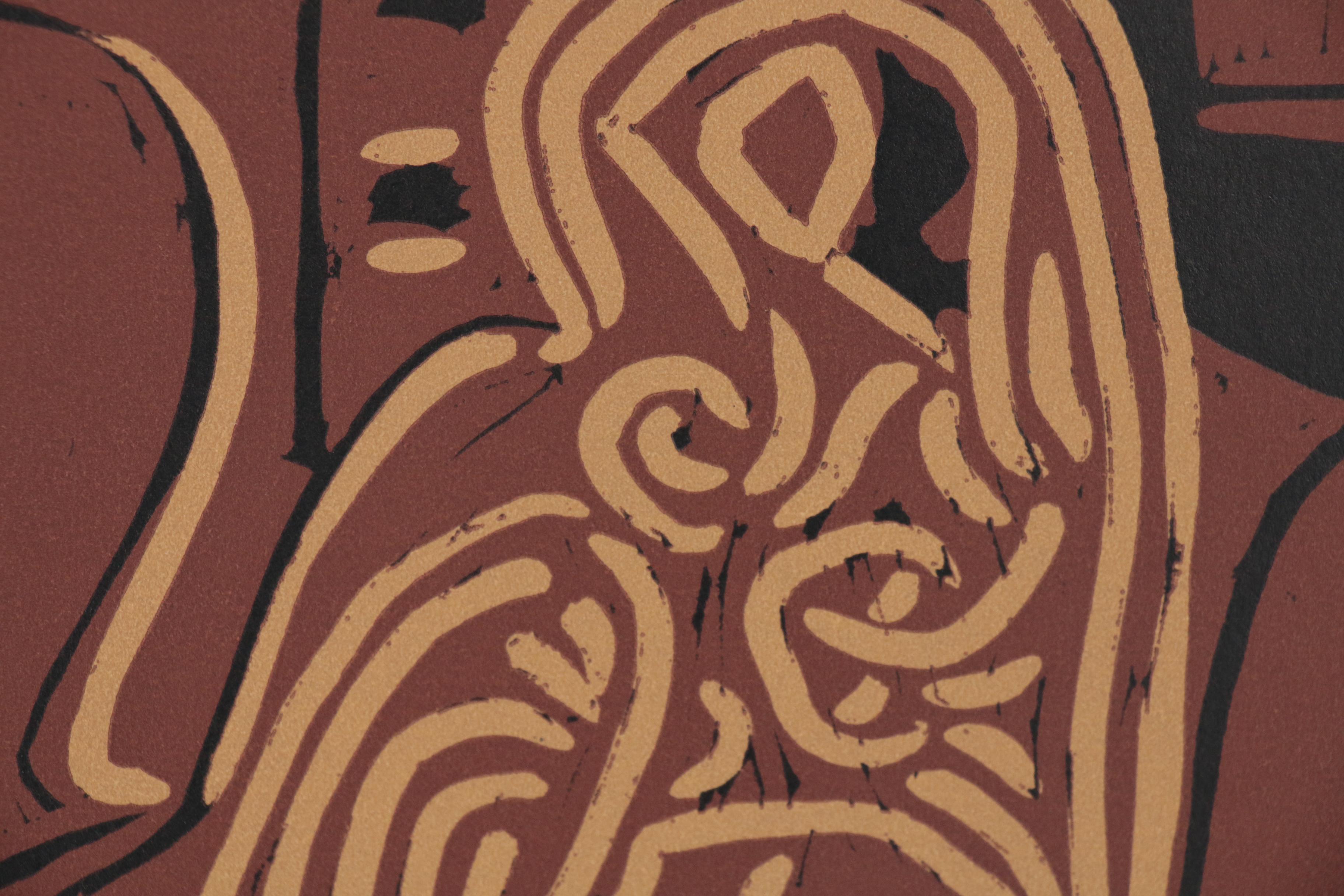 Pablo Picasso Linoleum Cut "Guitar Player and Seated Woman", 1962