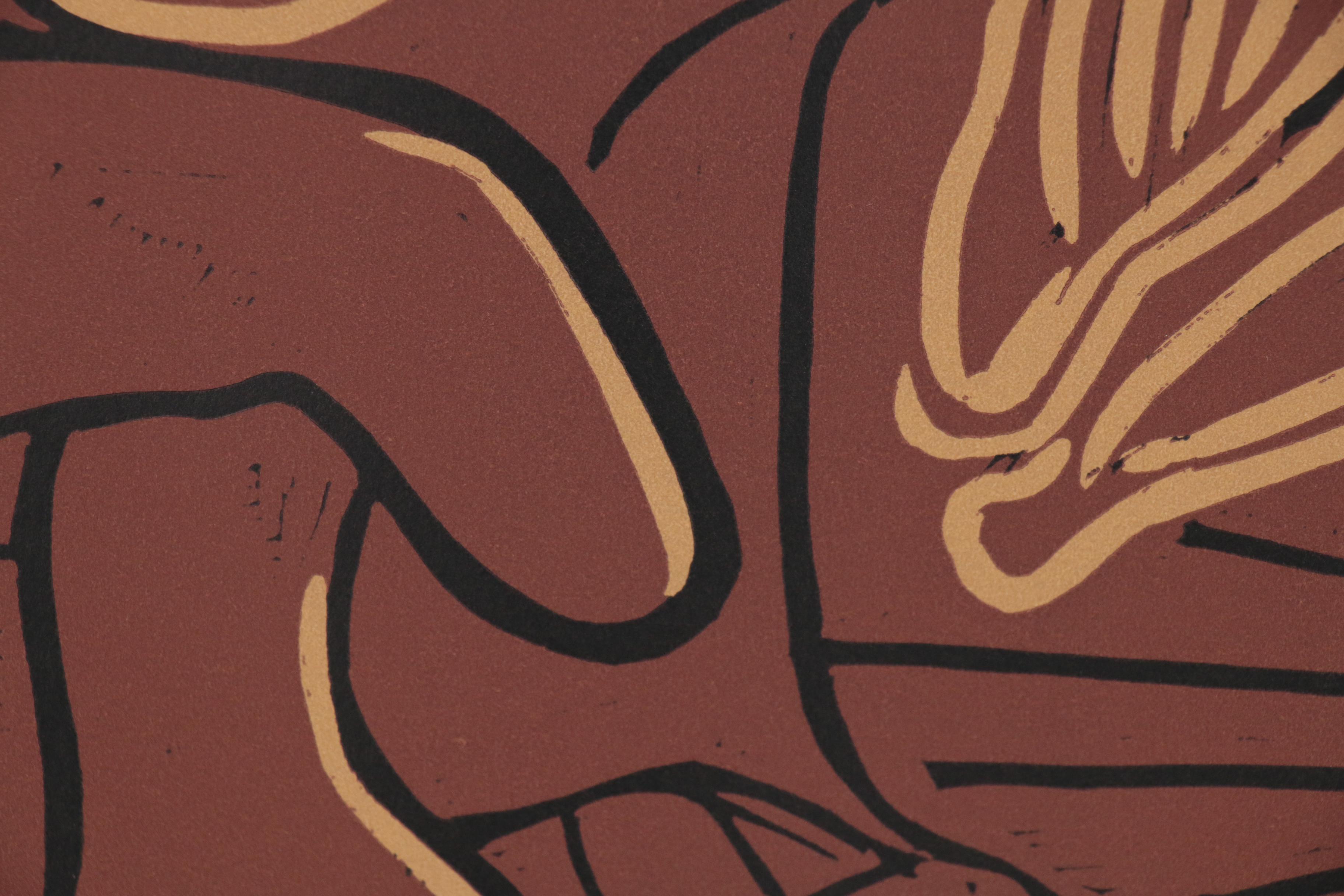 Pablo Picasso Linoleum Cut "Guitar Player and Seated Woman", 1962