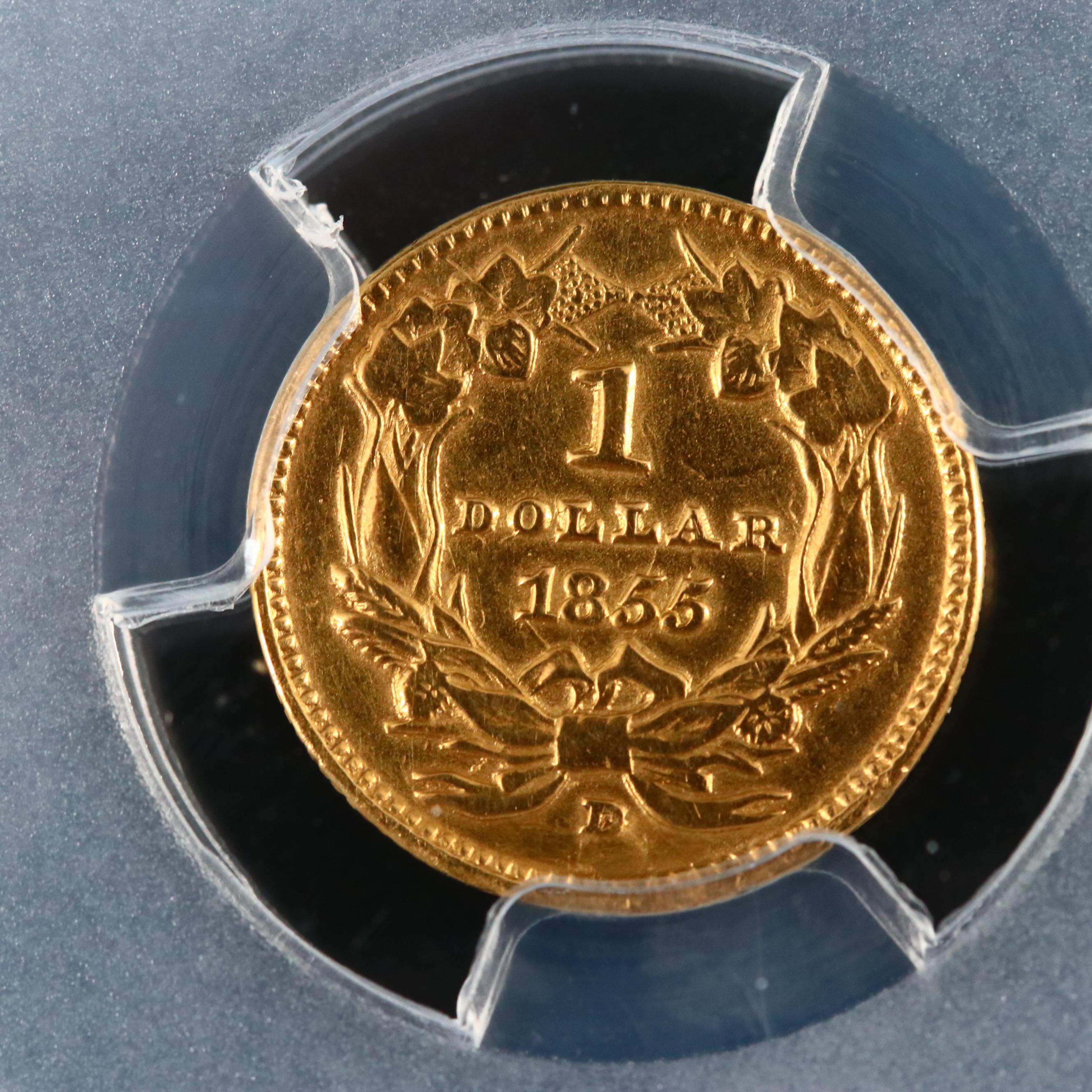 PCGS Genuine 1855-D Indian Head Princess $1 Gold Coin