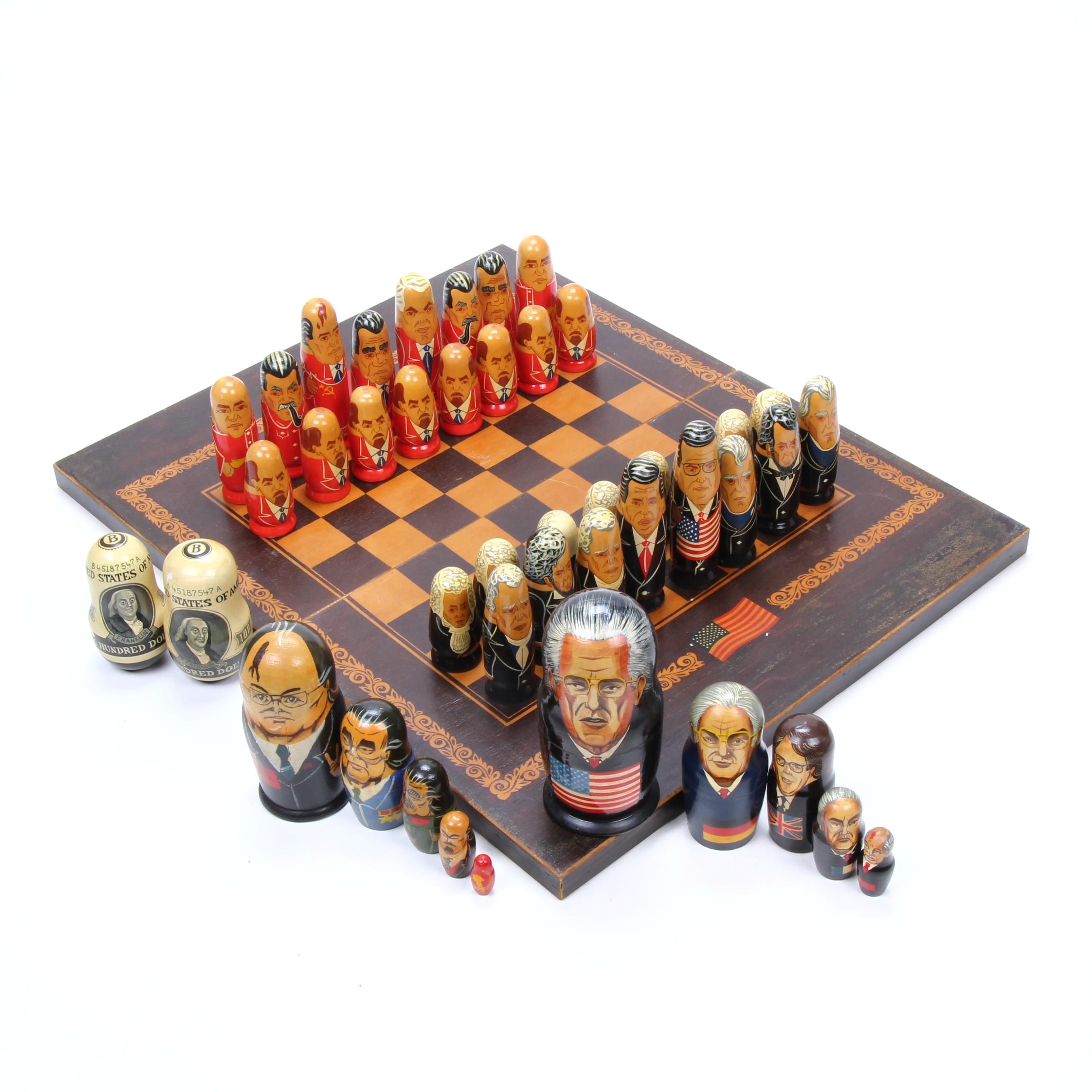 Russian Federation Leader Caricature Chess Set and Nesting Dolls