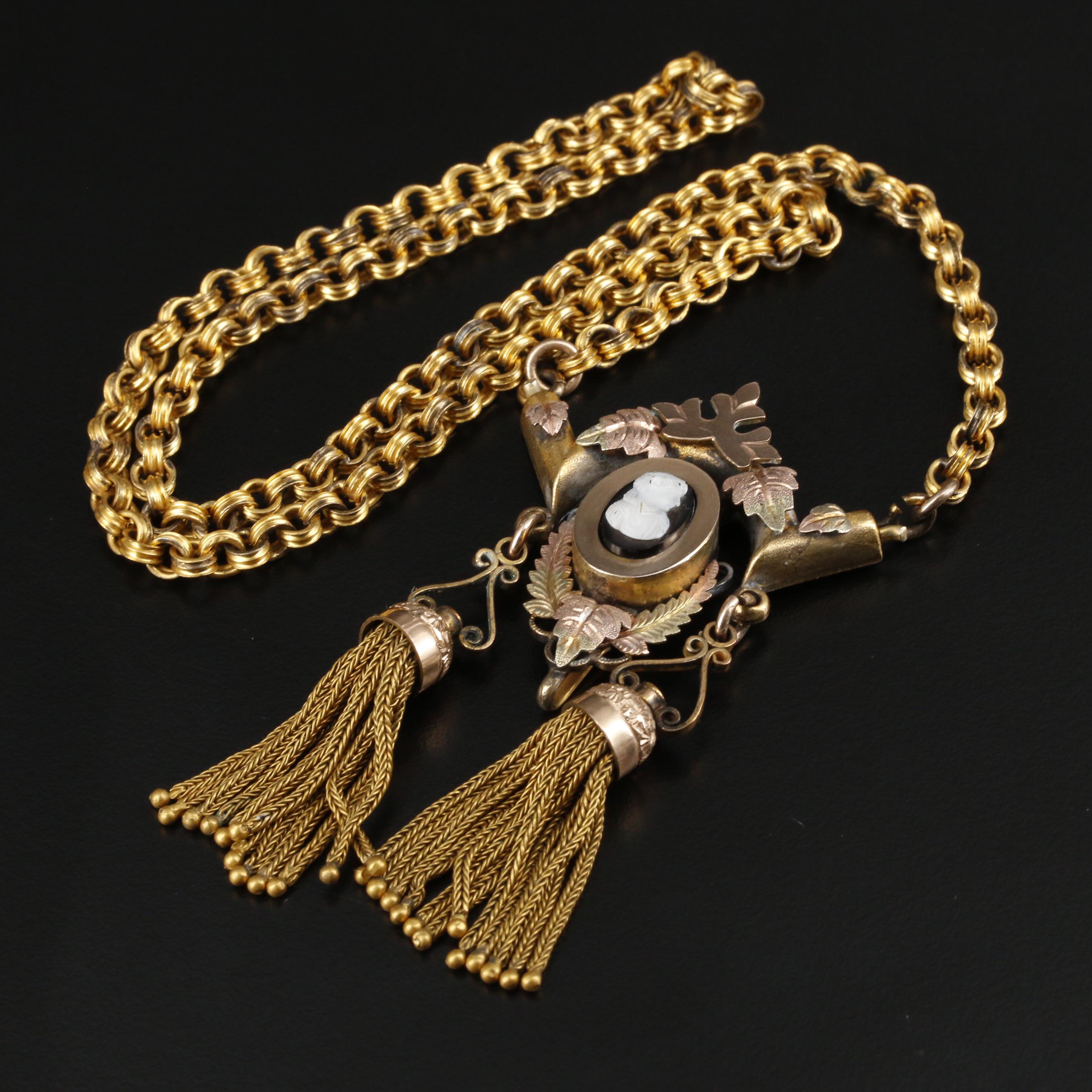 Antique Mid Victorian Onyx and Glass Cameo Necklace With Tassels