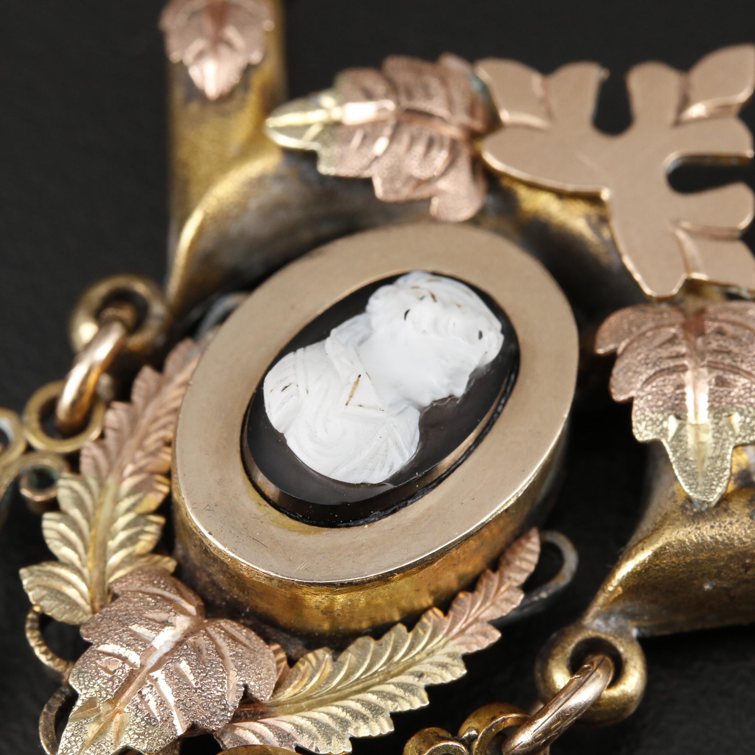 Antique Mid Victorian Onyx and Glass Cameo Necklace With Tassels