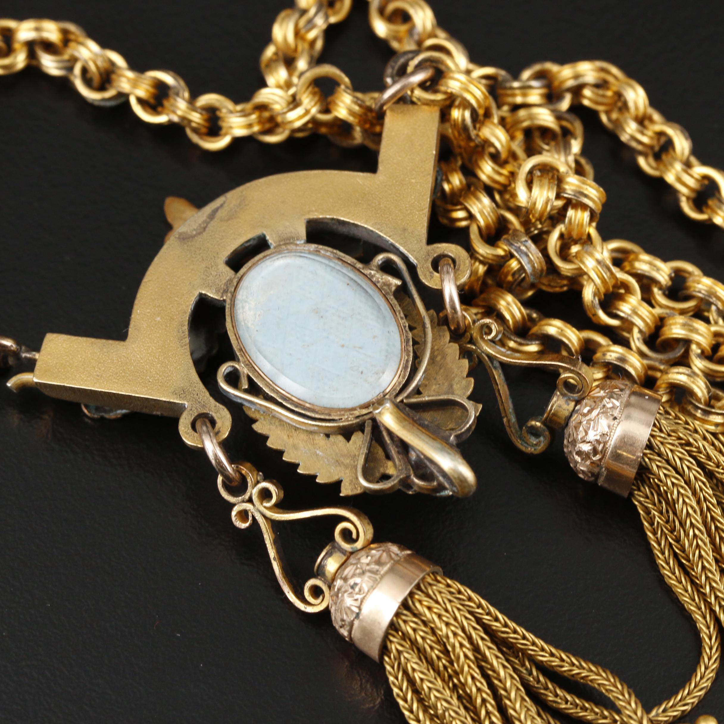 Antique Mid Victorian Onyx and Glass Cameo Necklace With Tassels