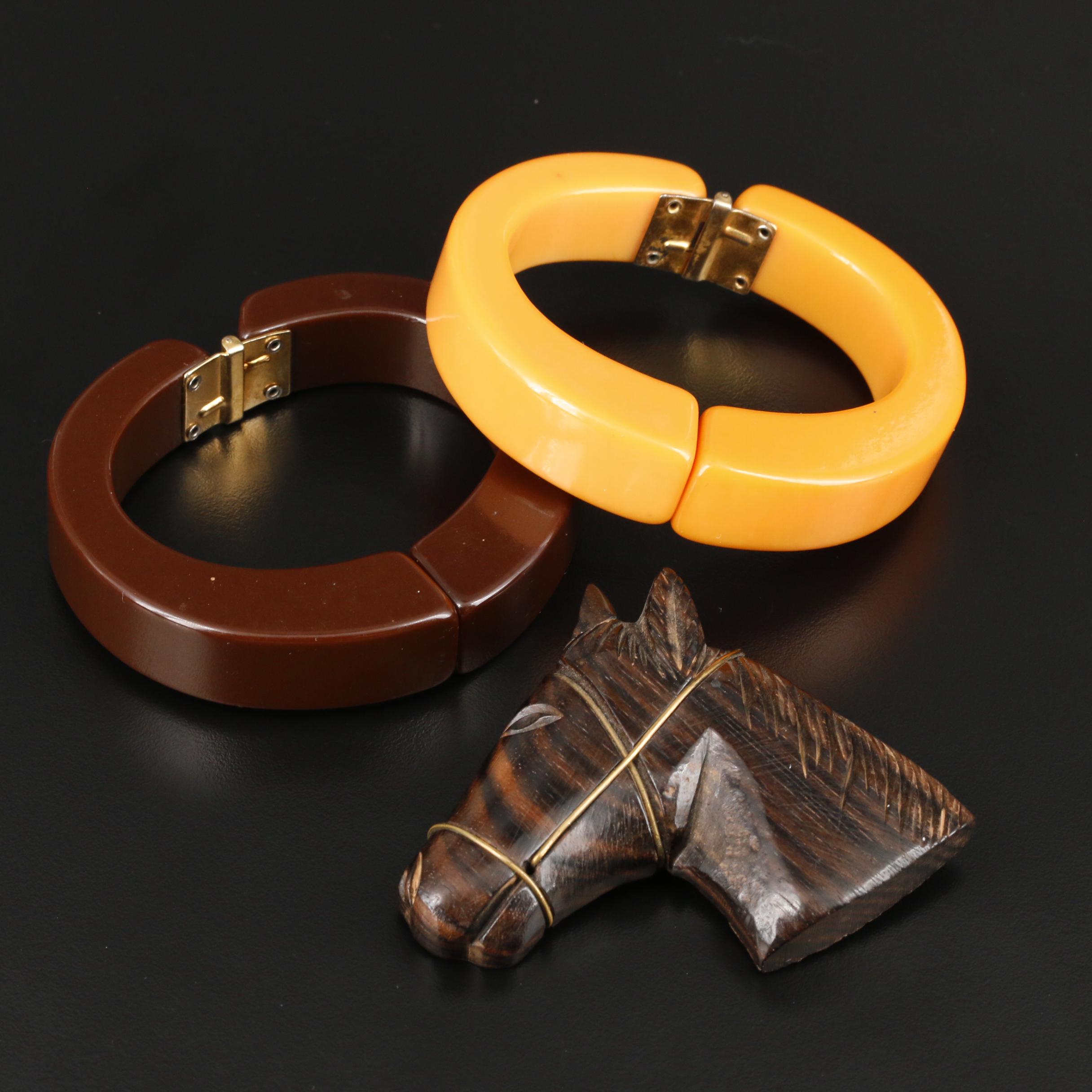 1930s Bakelite Clamper Bracelets and Carved Wood Horse Brooch