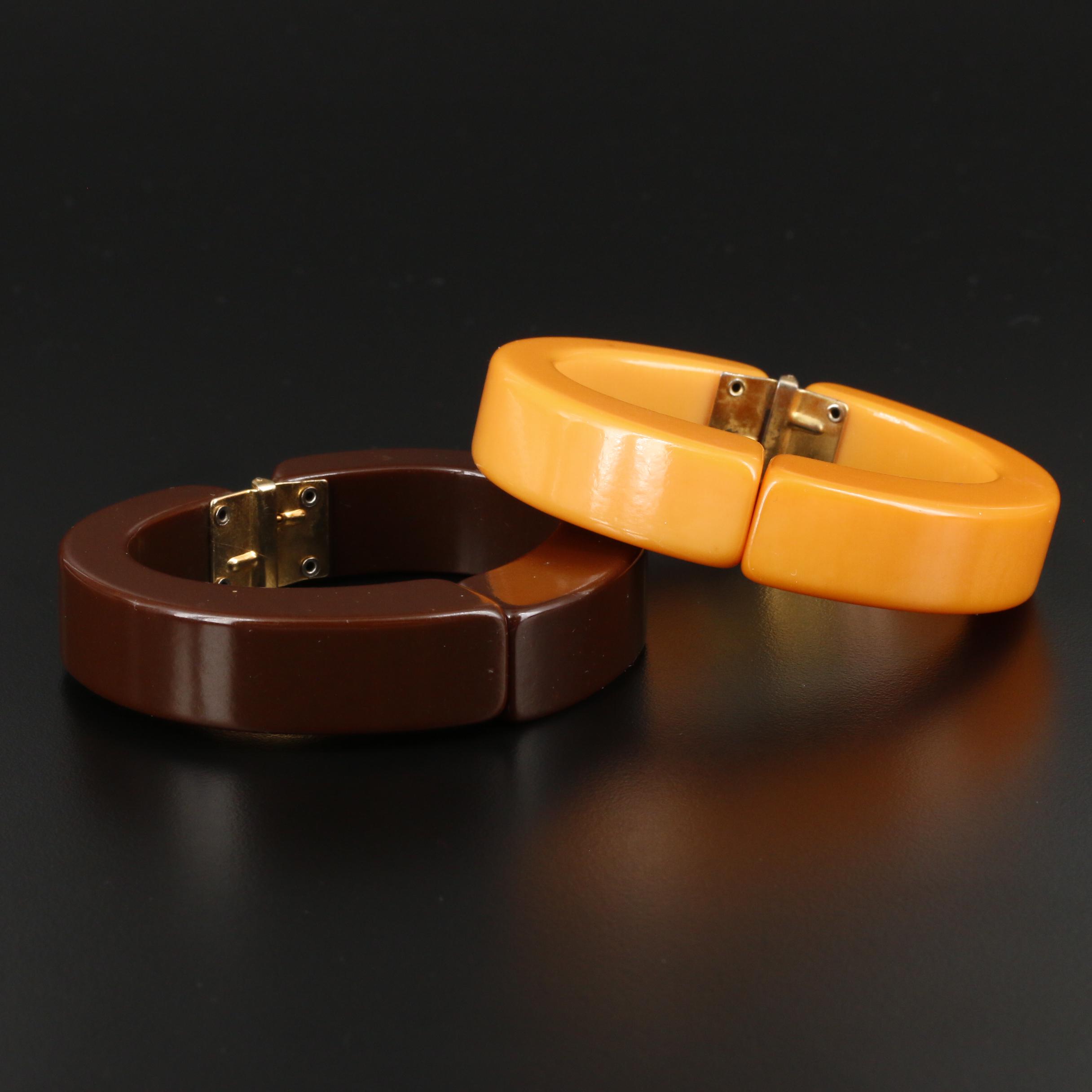 1930s Bakelite Clamper Bracelets and Carved Wood Horse Brooch