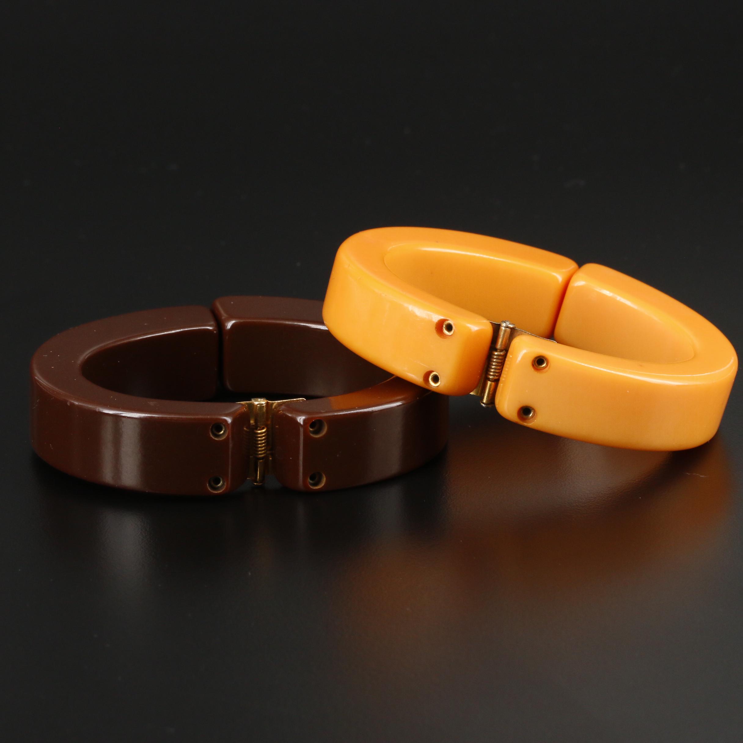 1930s Bakelite Clamper Bracelets and Carved Wood Horse Brooch