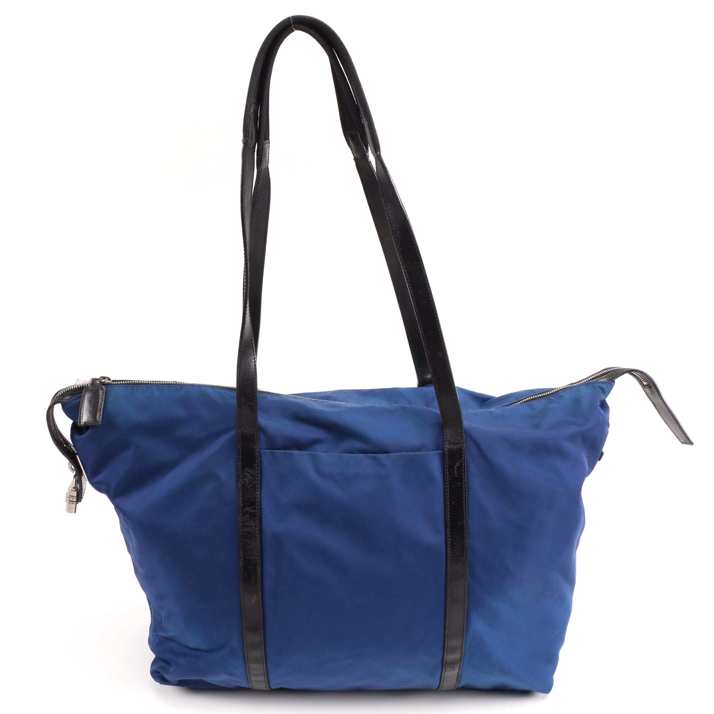 Prada Blue Tessuto Nylon Tote Trimmed in Black Leather with Combination Lock