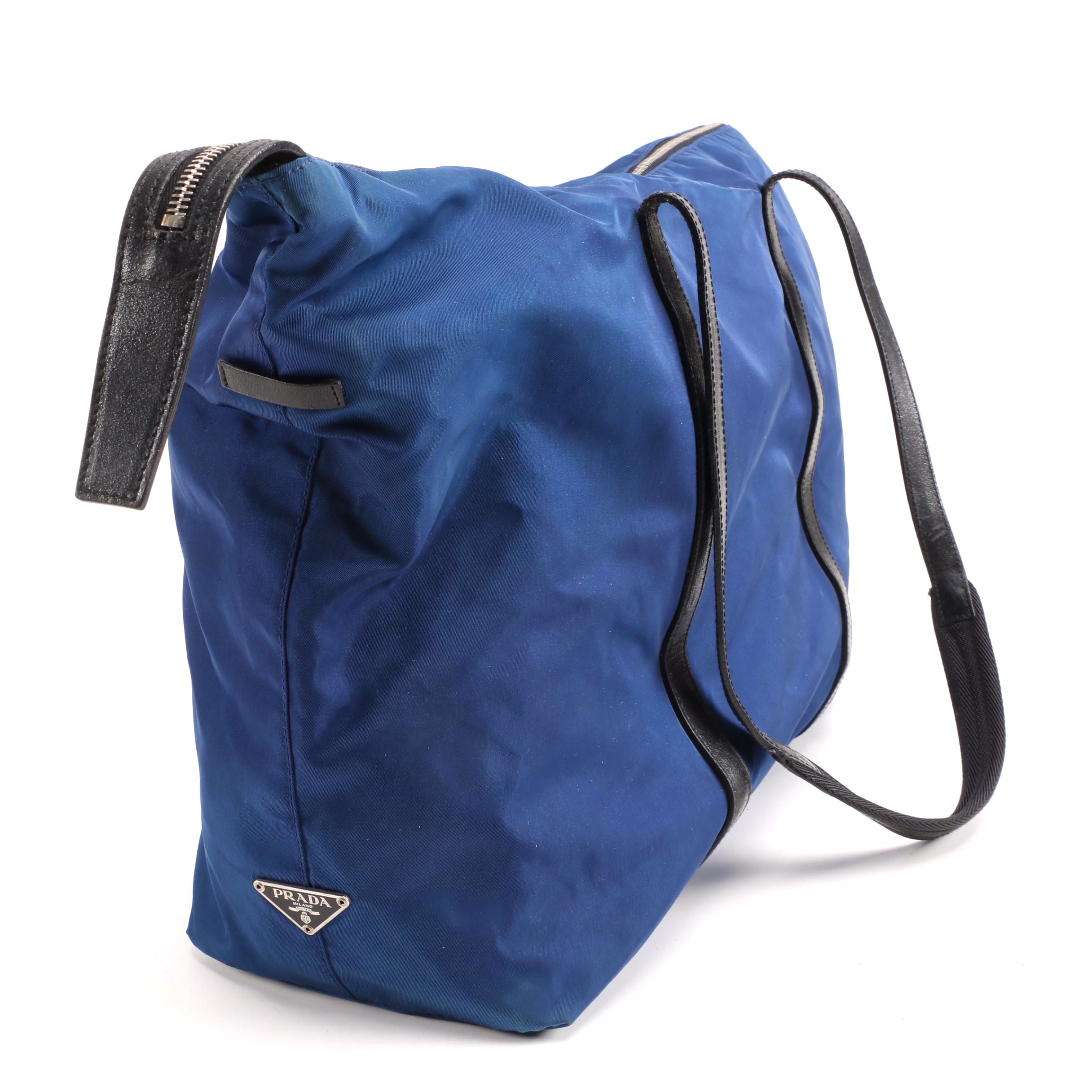 Prada Blue Tessuto Nylon Tote Trimmed in Black Leather with Combination Lock