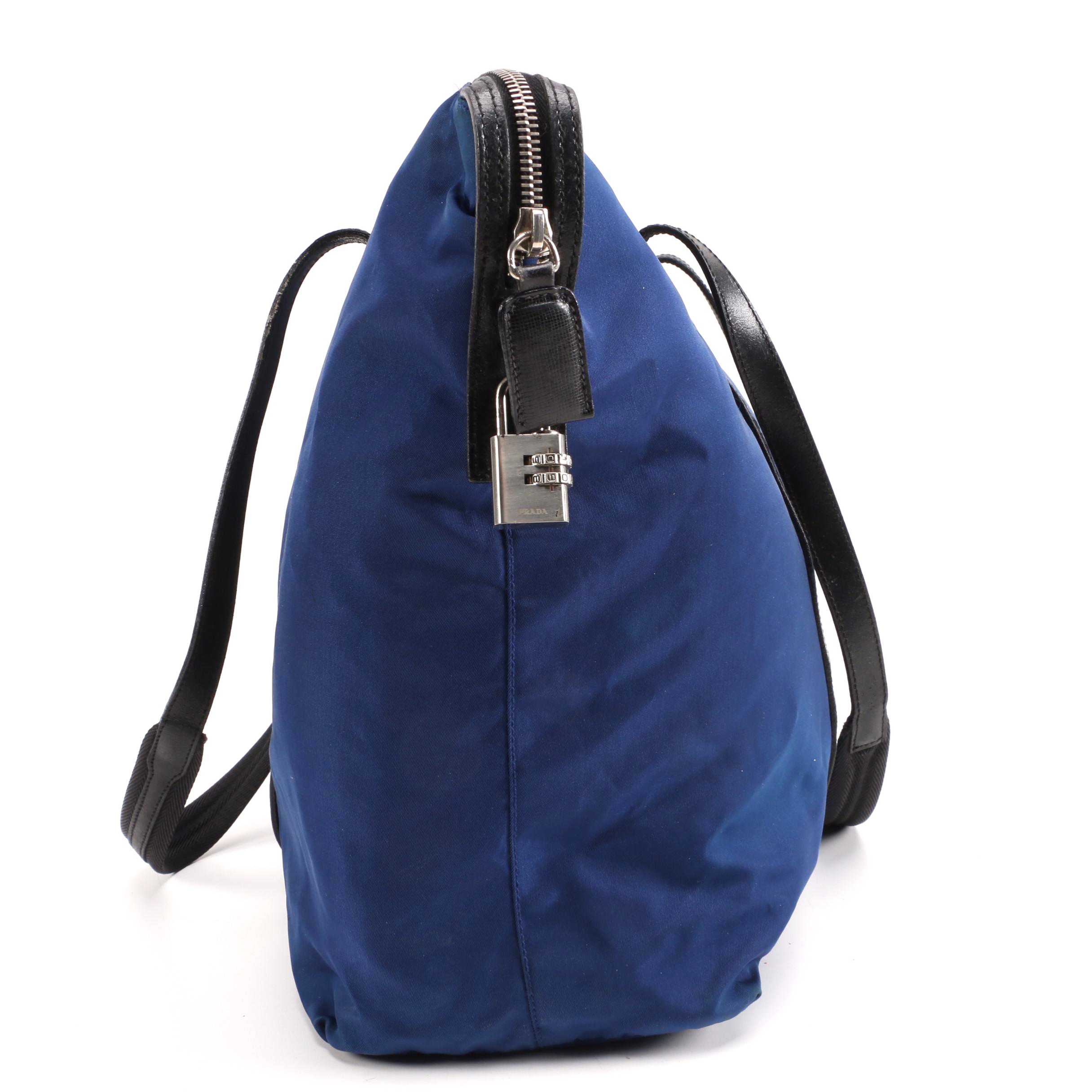 Prada Blue Tessuto Nylon Tote Trimmed in Black Leather with Combination Lock