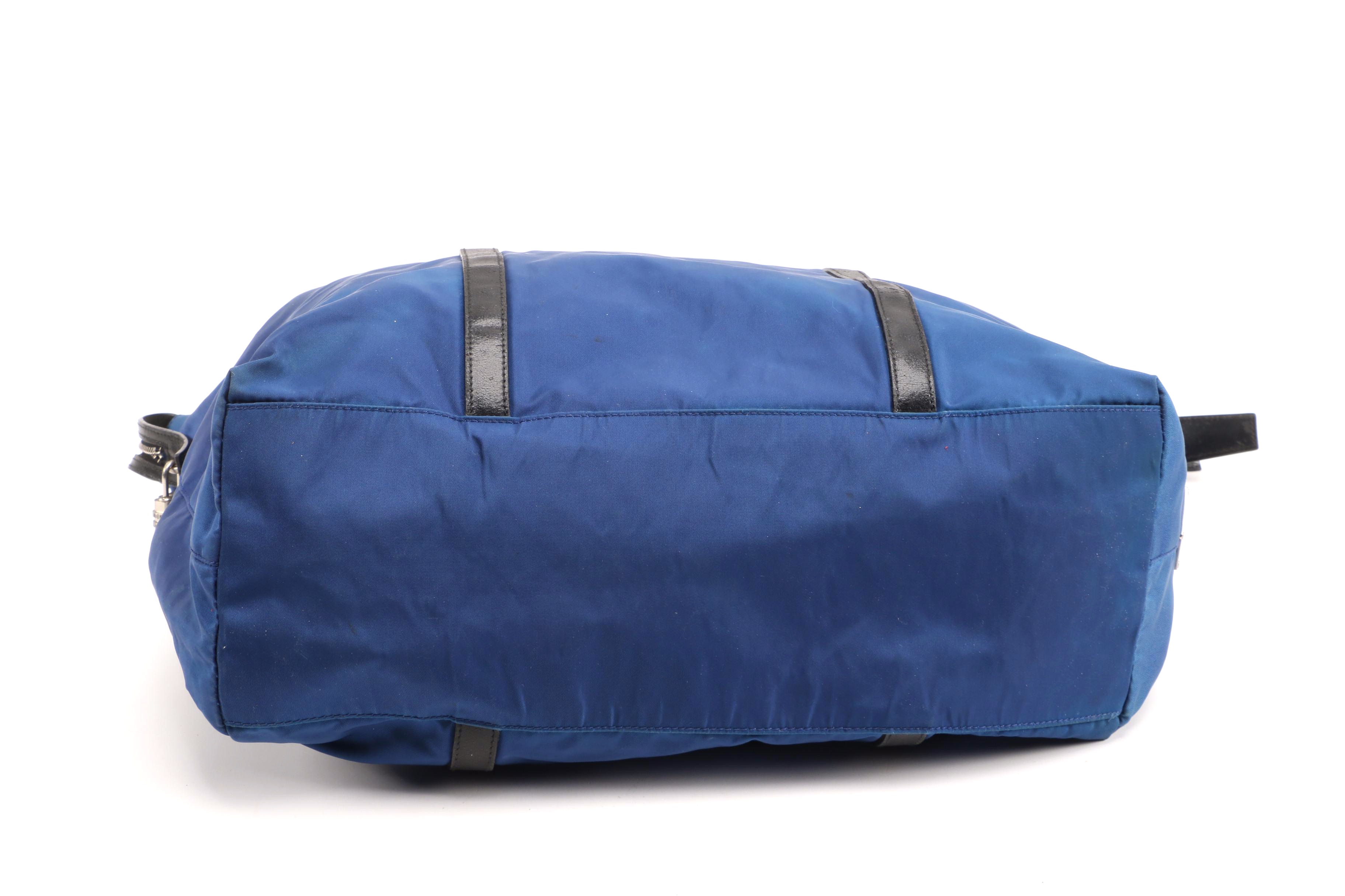 Prada Blue Tessuto Nylon Tote Trimmed in Black Leather with Combination Lock