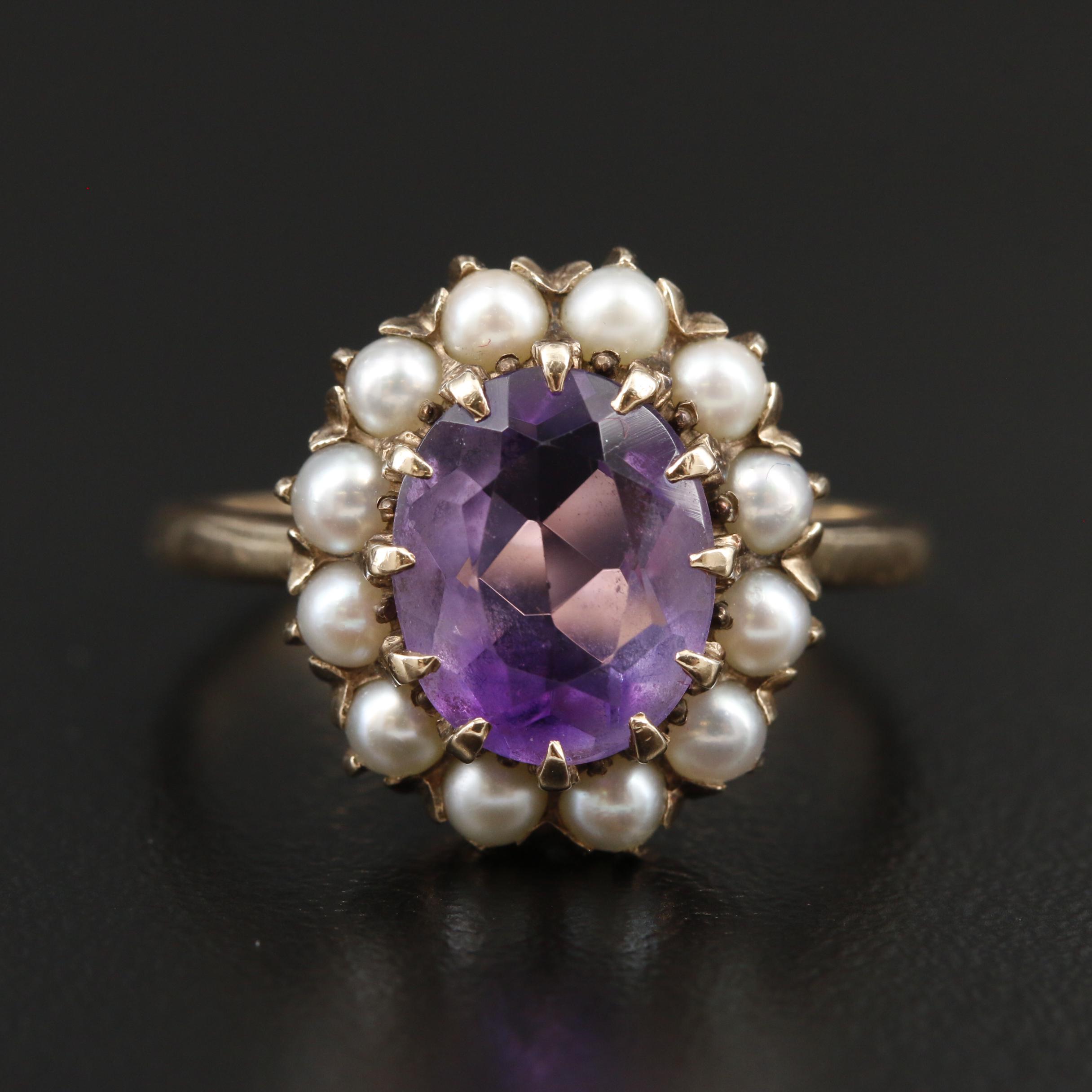 1930s 10K Yellow Gold Amethyst and Seed Pearl Ring