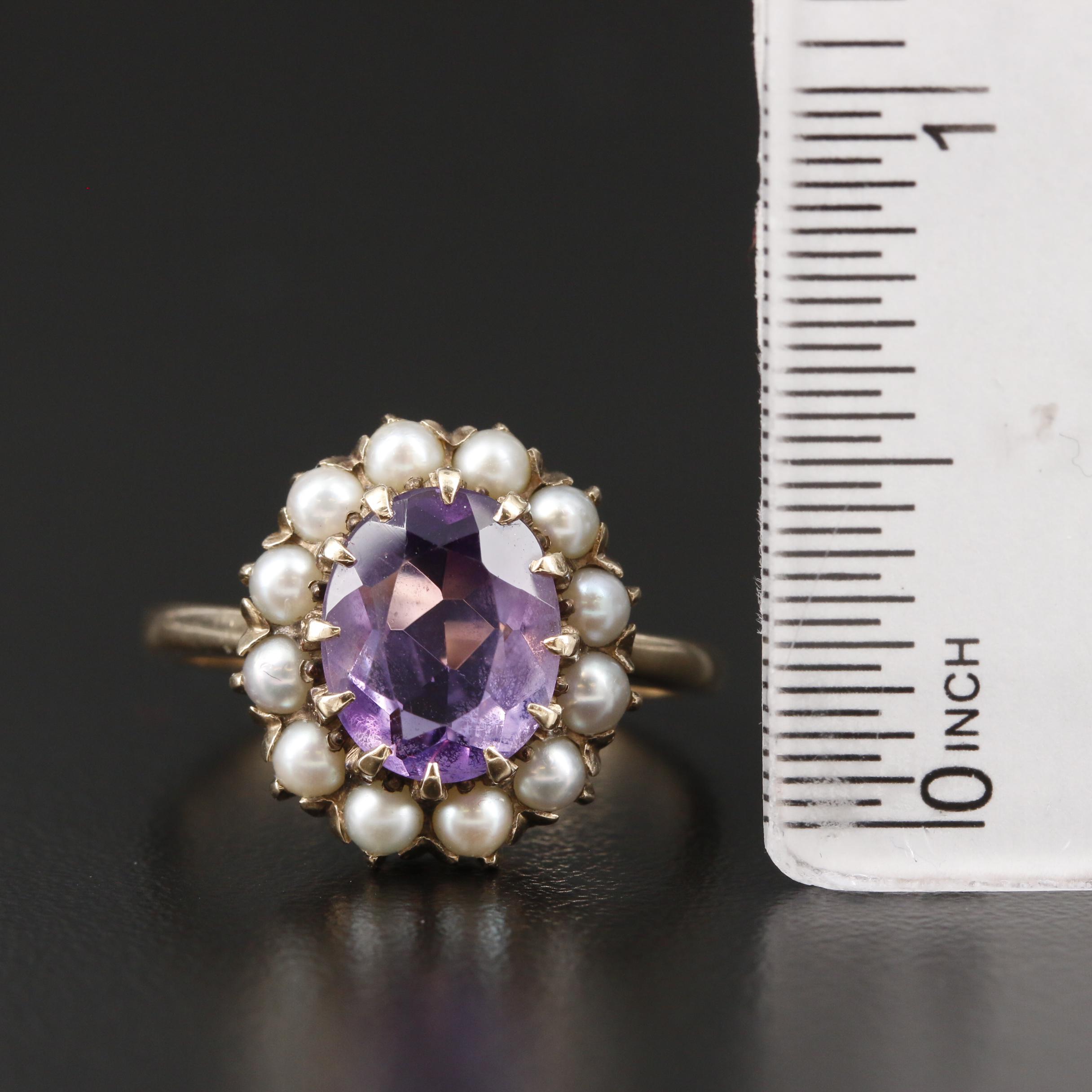 1930s 10K Yellow Gold Amethyst and Seed Pearl Ring