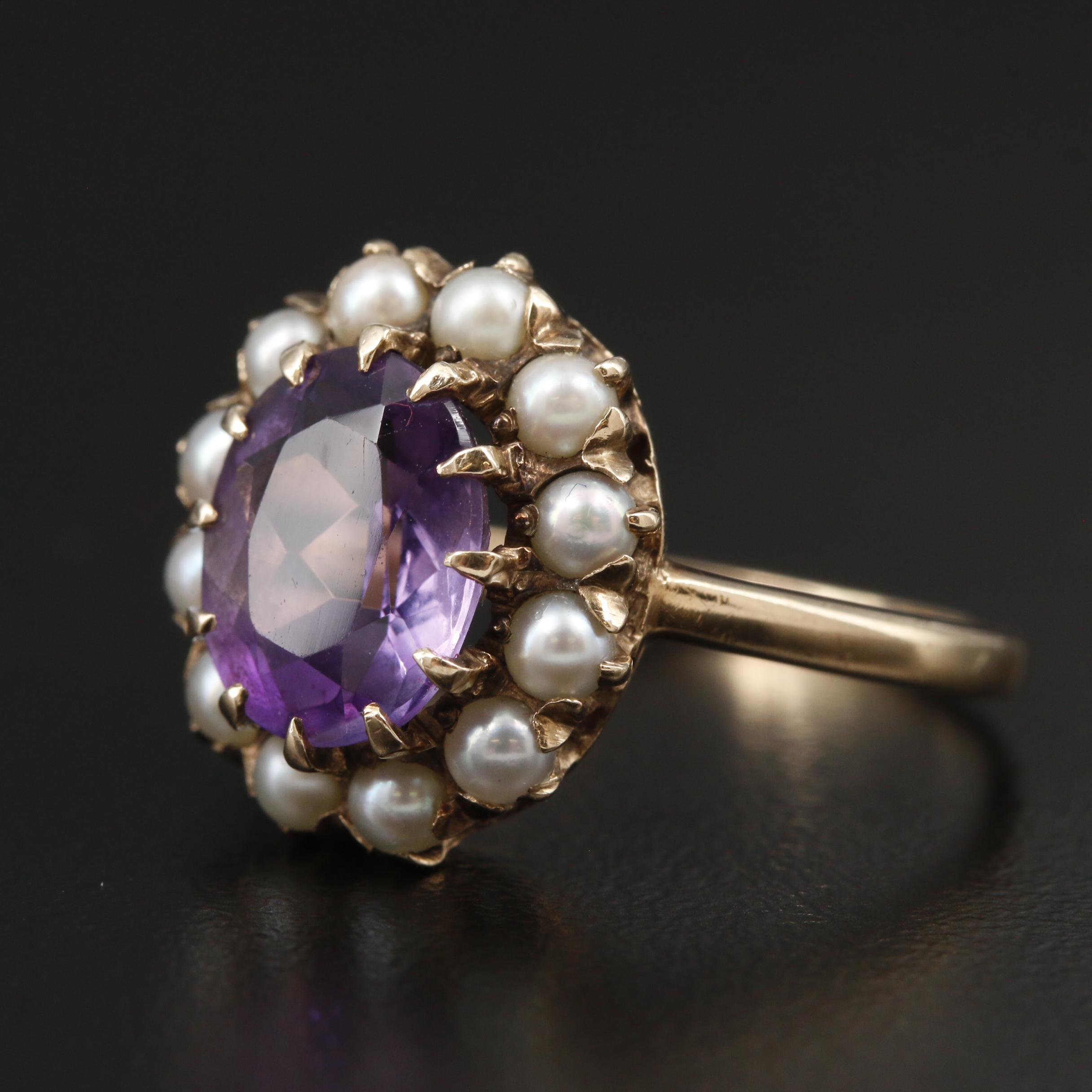 1930s 10K Yellow Gold Amethyst and Seed Pearl Ring