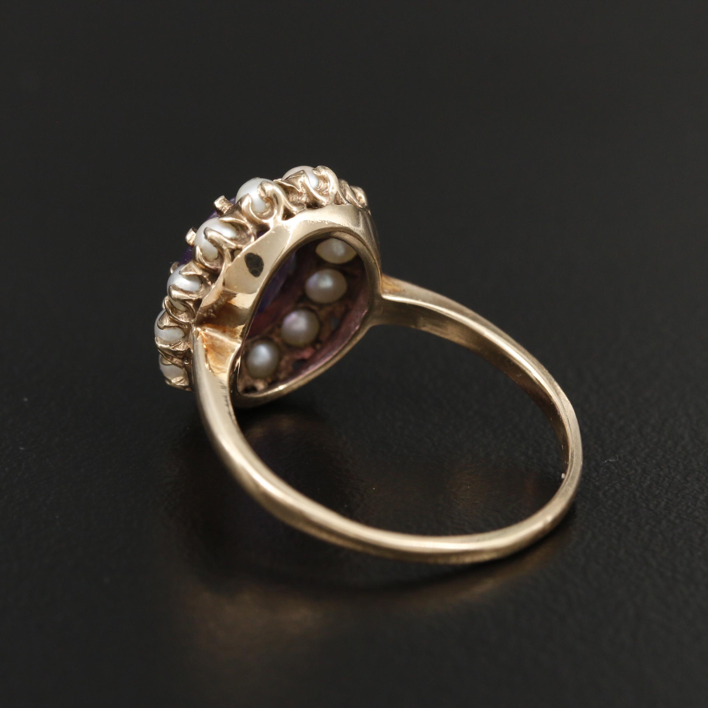 1930s 10K Yellow Gold Amethyst and Seed Pearl Ring