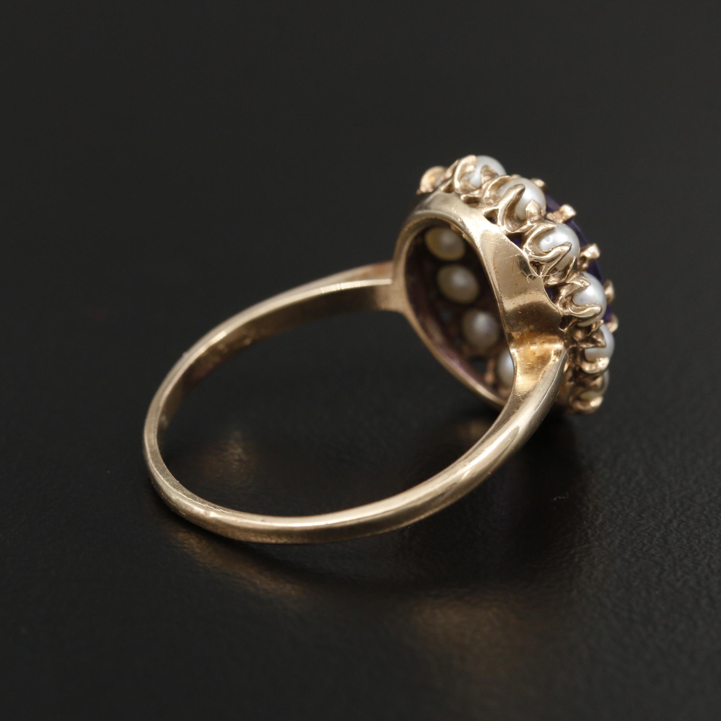 1930s 10K Yellow Gold Amethyst and Seed Pearl Ring