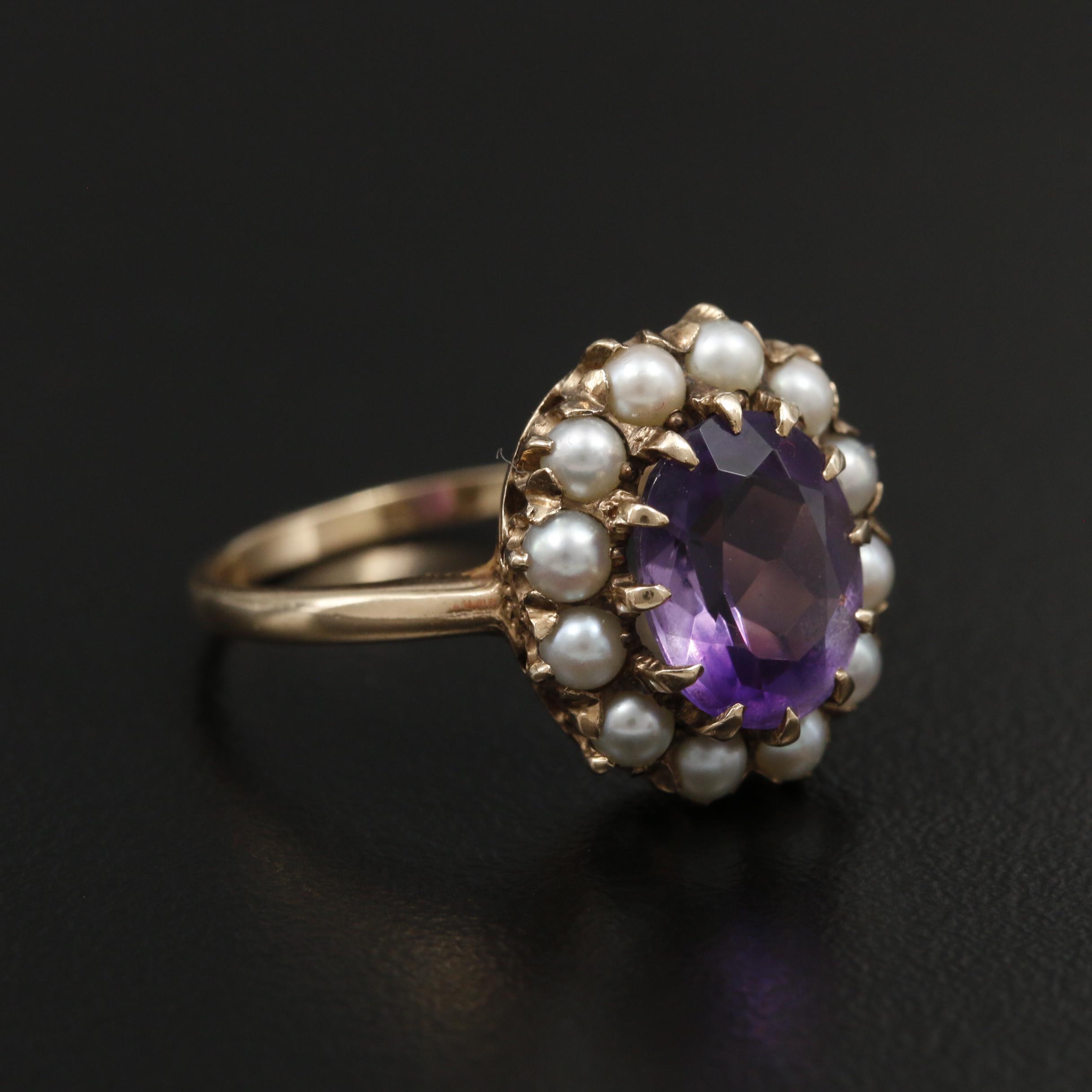 1930s 10K Yellow Gold Amethyst and Seed Pearl Ring