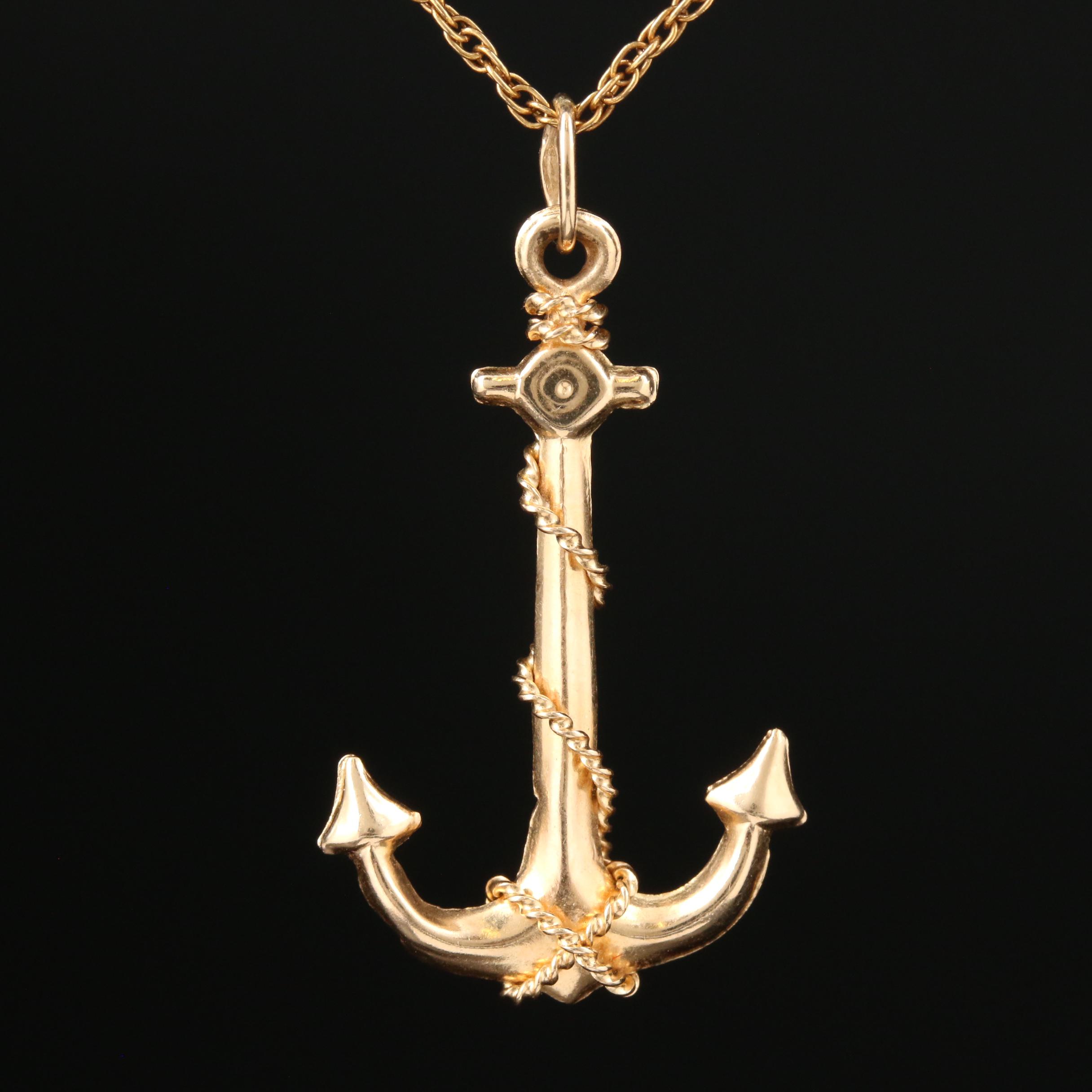 14K Yellow Gold Anchor Pendant on Rope Chain